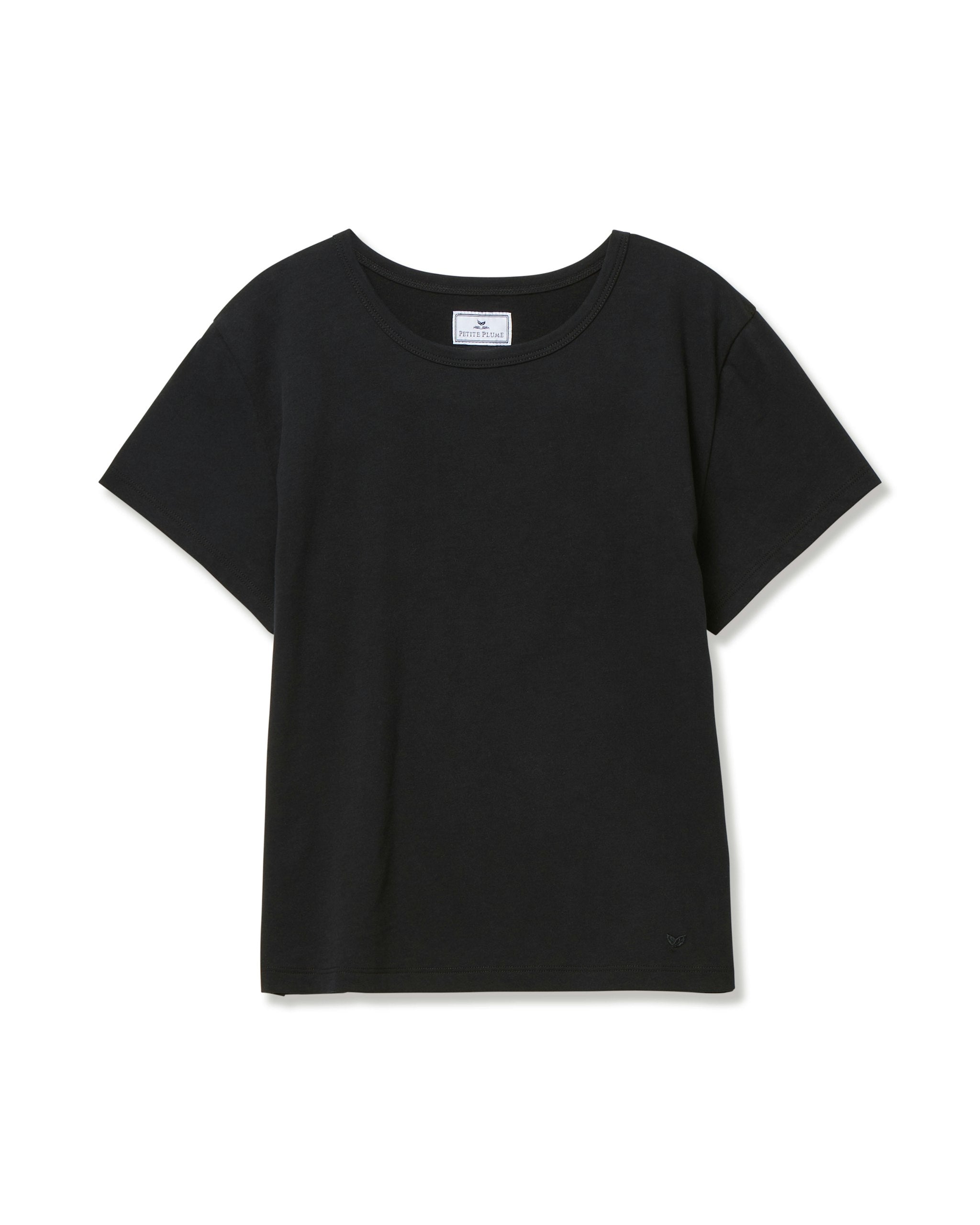A black crew neck t-shirt made from pima cotton, displayed against a white background.