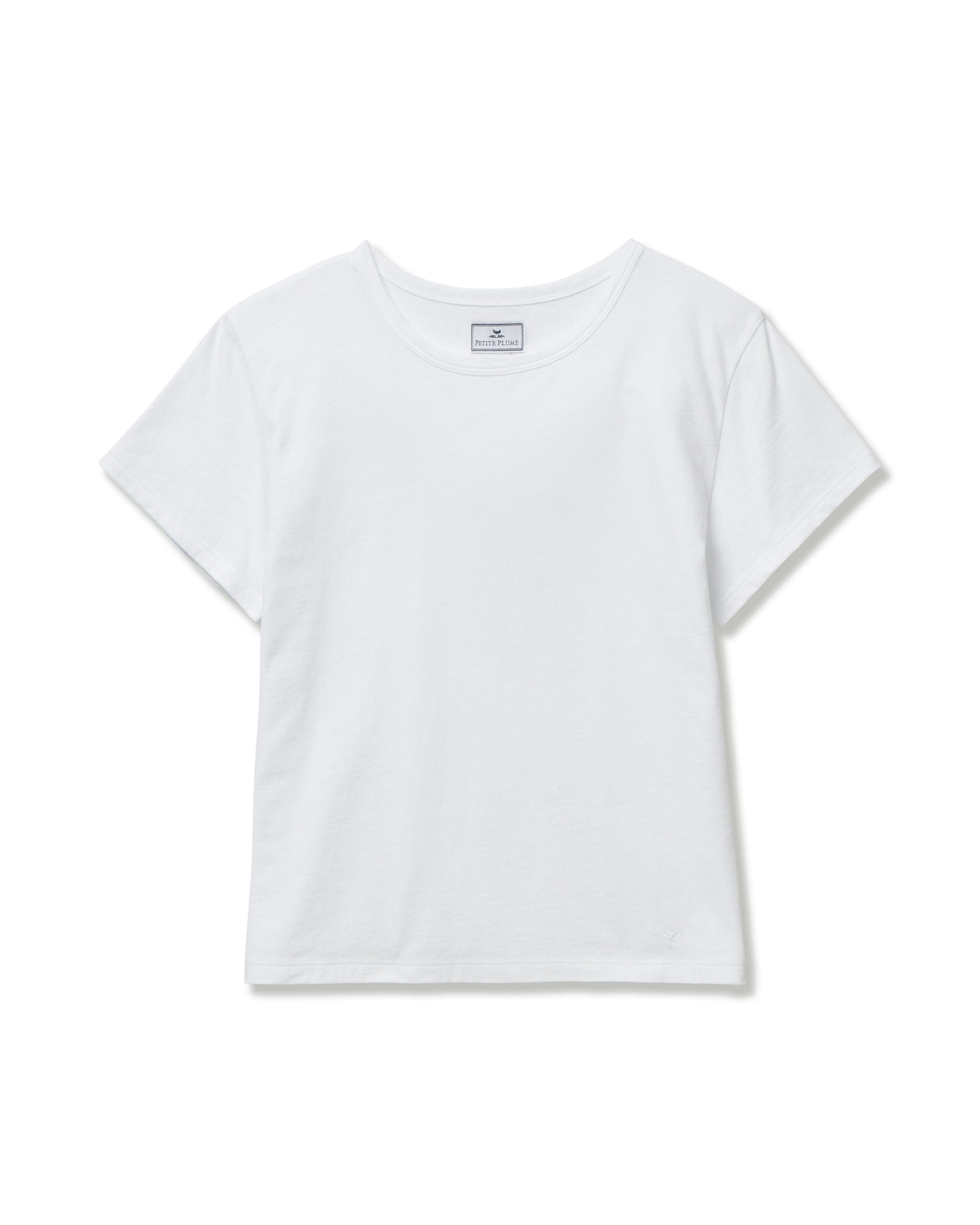 A white crew neck t-shirt made of pima cotton, displayed against a plain background.