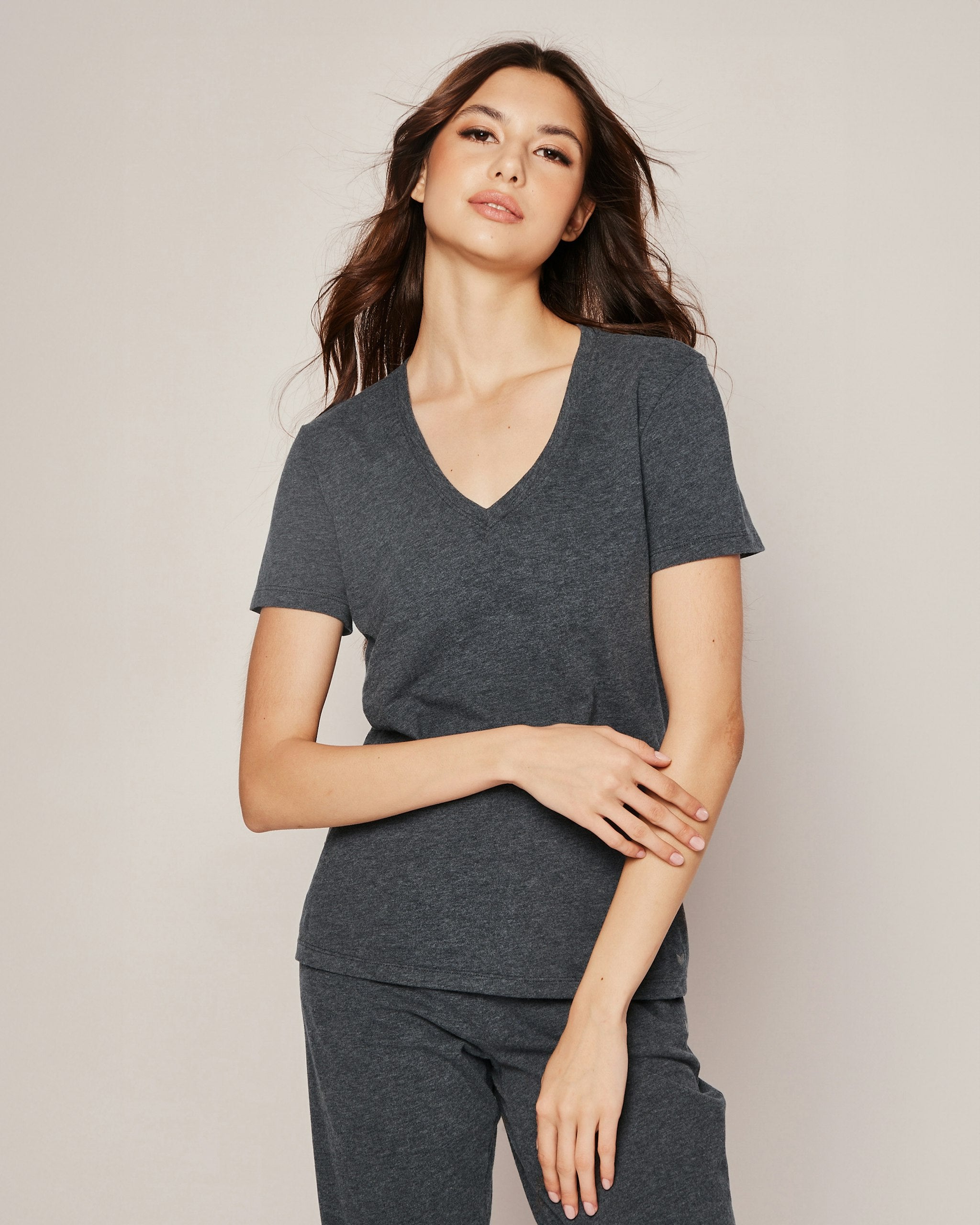 Women's Pima Short Sleeve Top in Camel in Dark Heather Grey#Color_Dark Heather Grey