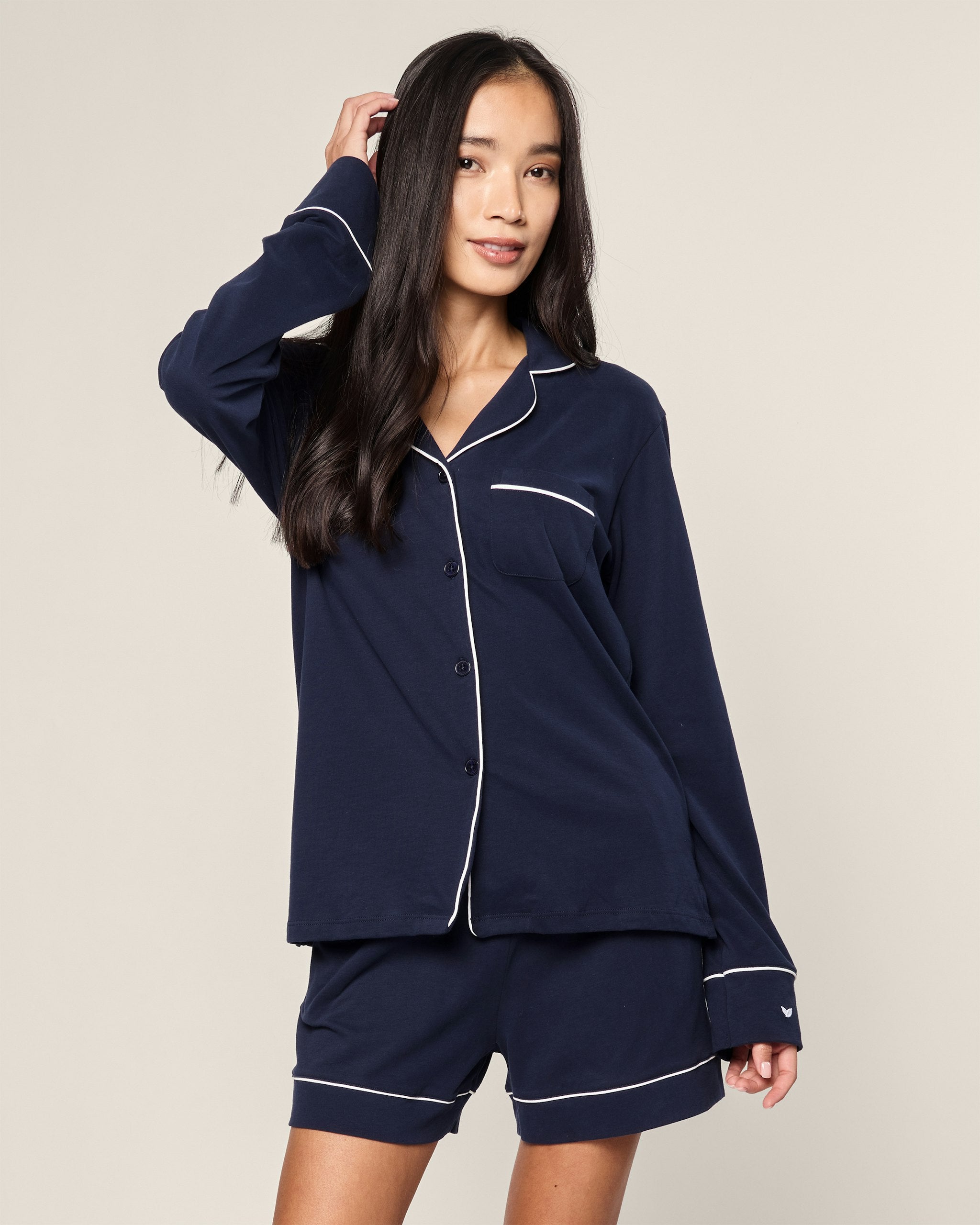 Women's Pima Long Sleeve Short Set in Navy in Navy#Color_Navy