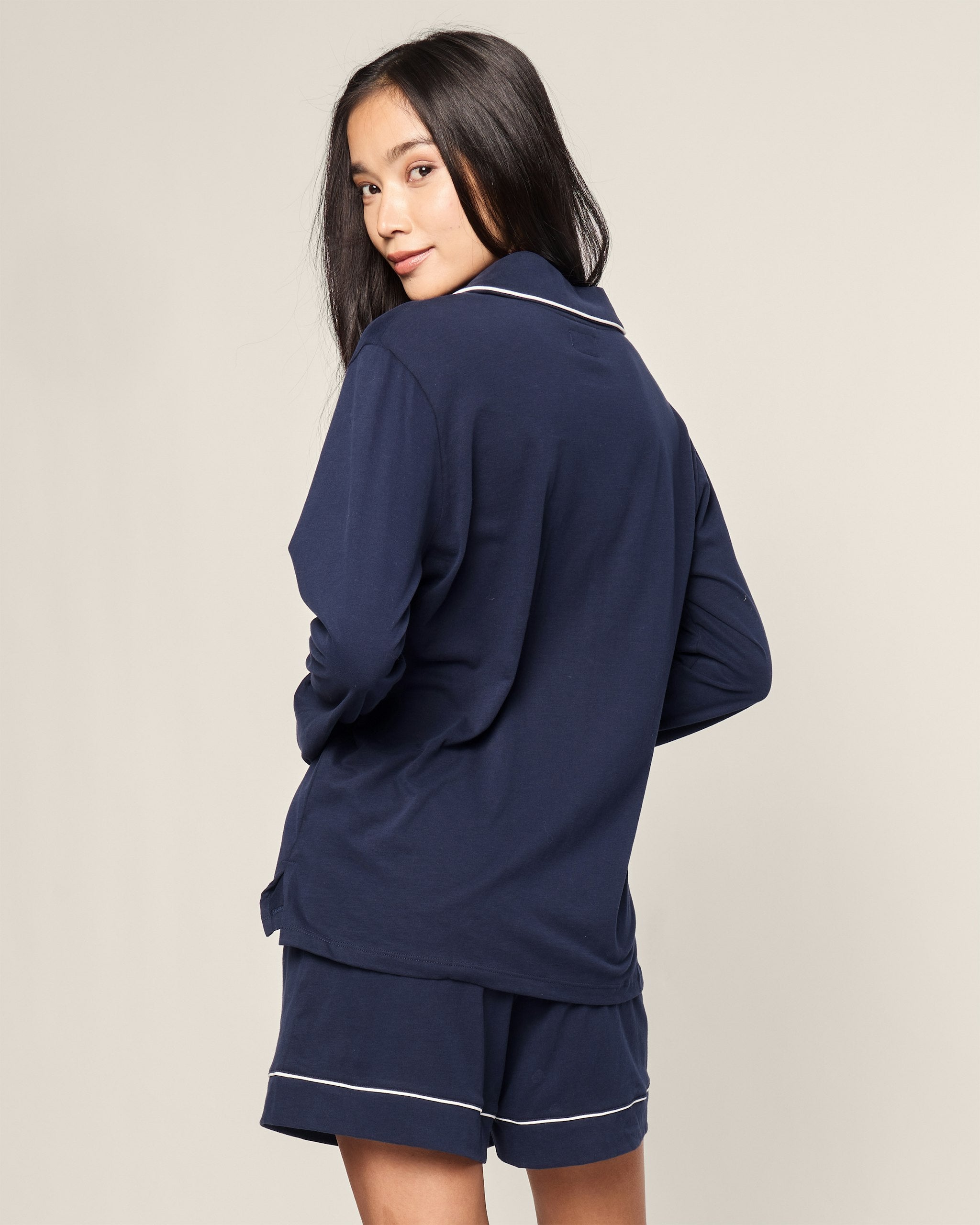 Women's Pima Long Sleeve Short Set in Navy in Navy#Color_Navy