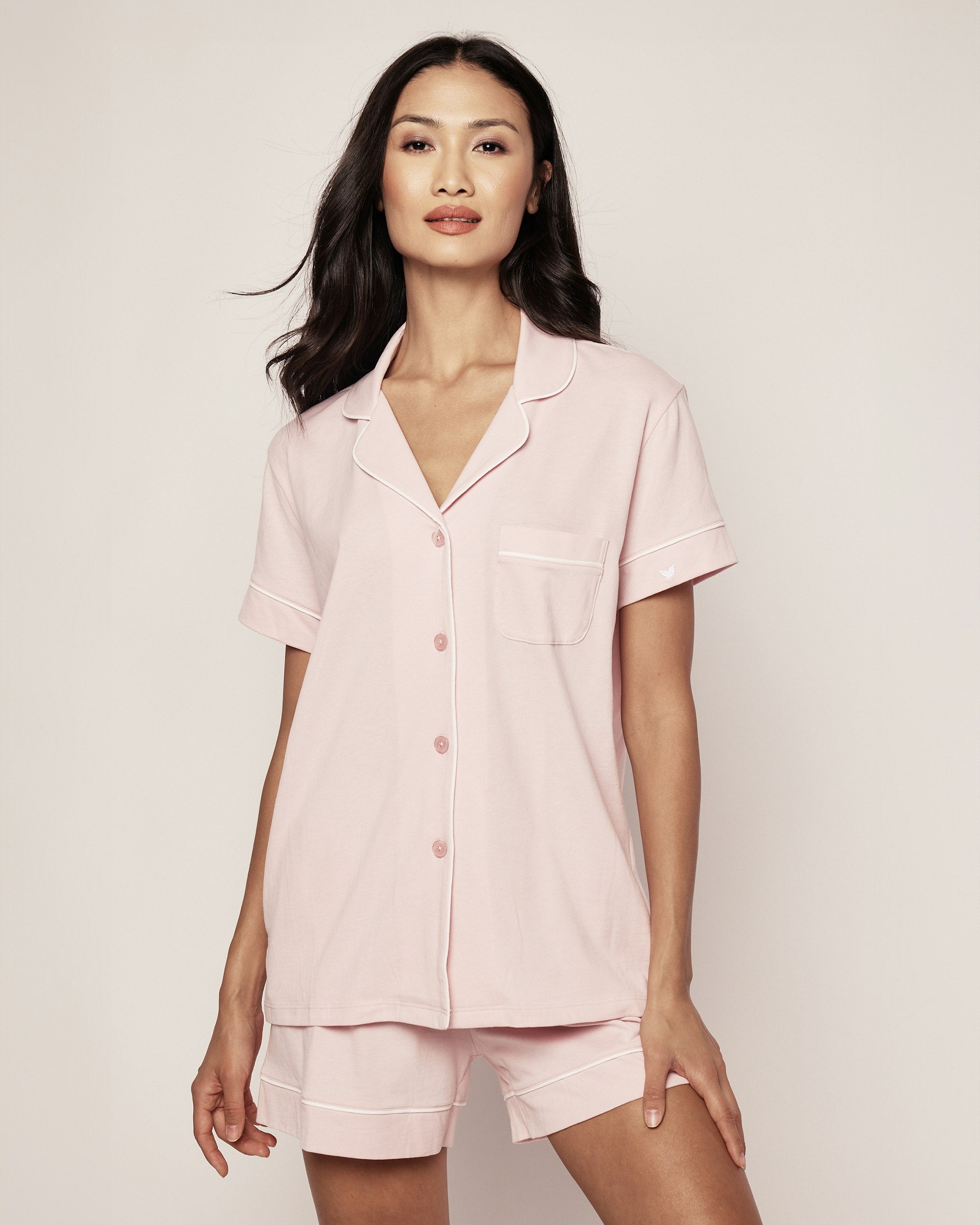 Women's Pima Short Sleeve Short Set in Peach Fuzz in Pink#Color_Pink