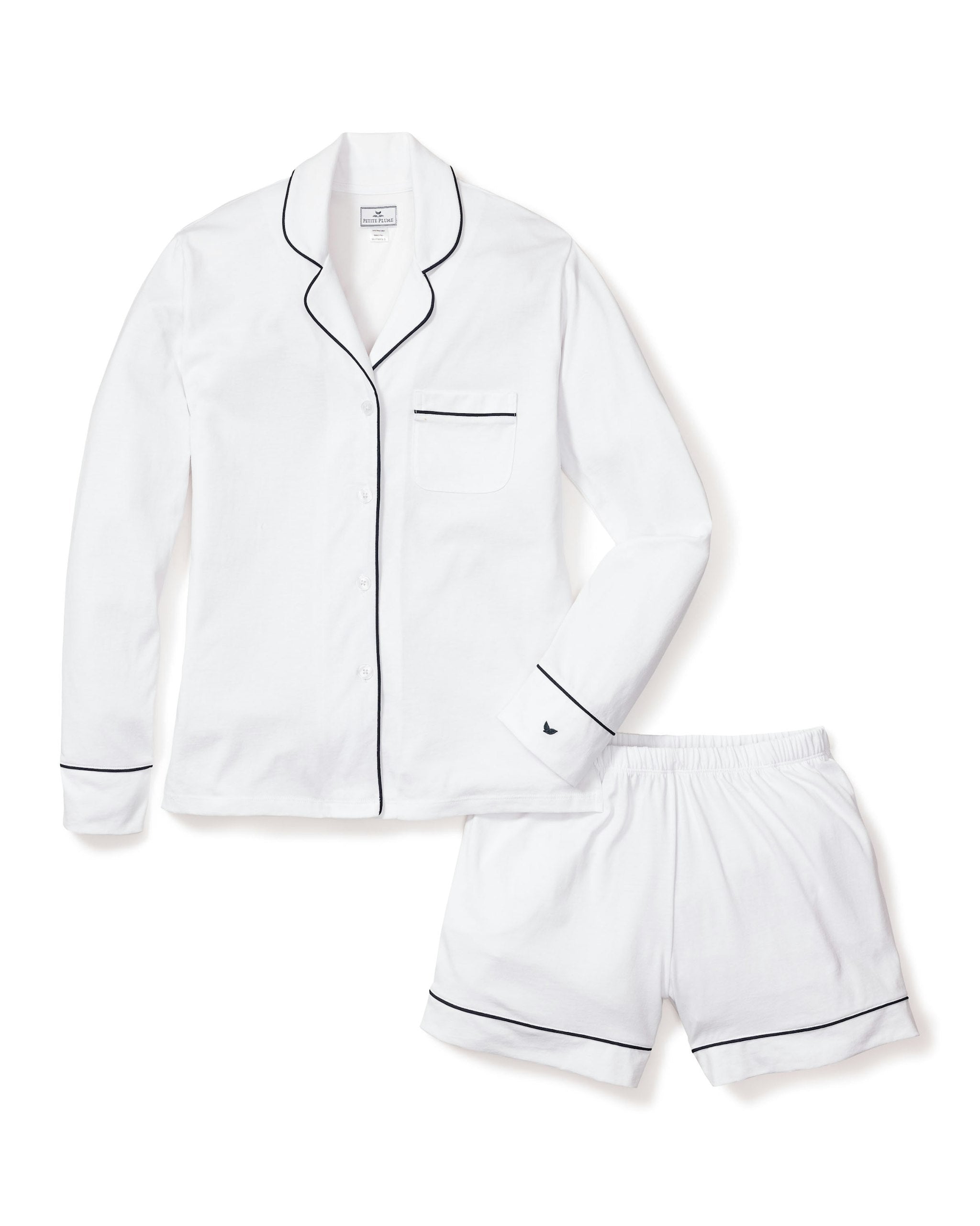 Women's Pima Long Sleeve Short Set in Mystique Blue in White with Navy Piping#Color_White with Navy Piping