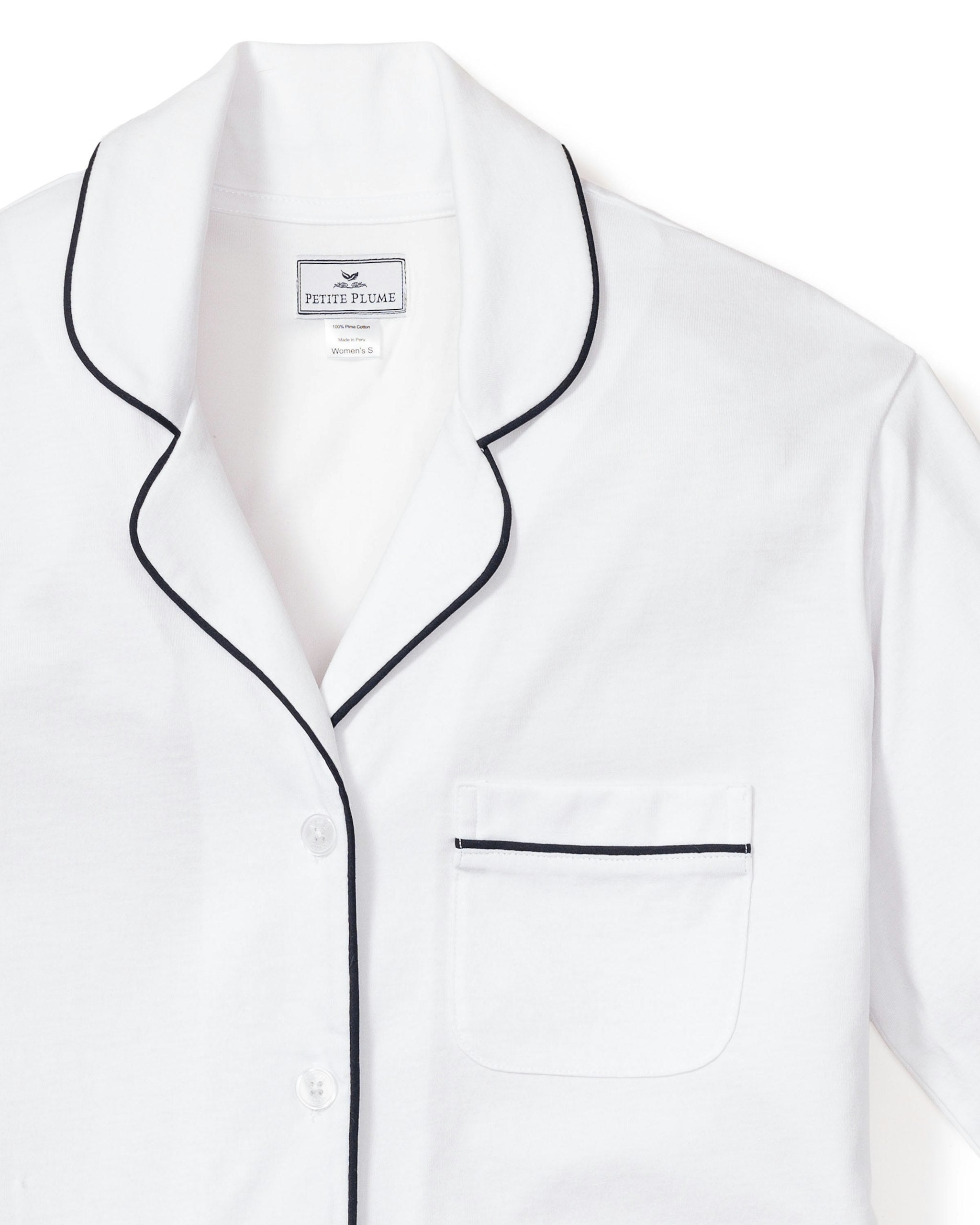 Women's Pima Long Sleeve Short Set in Navy in White with Navy Piping#Color_White with Navy Piping