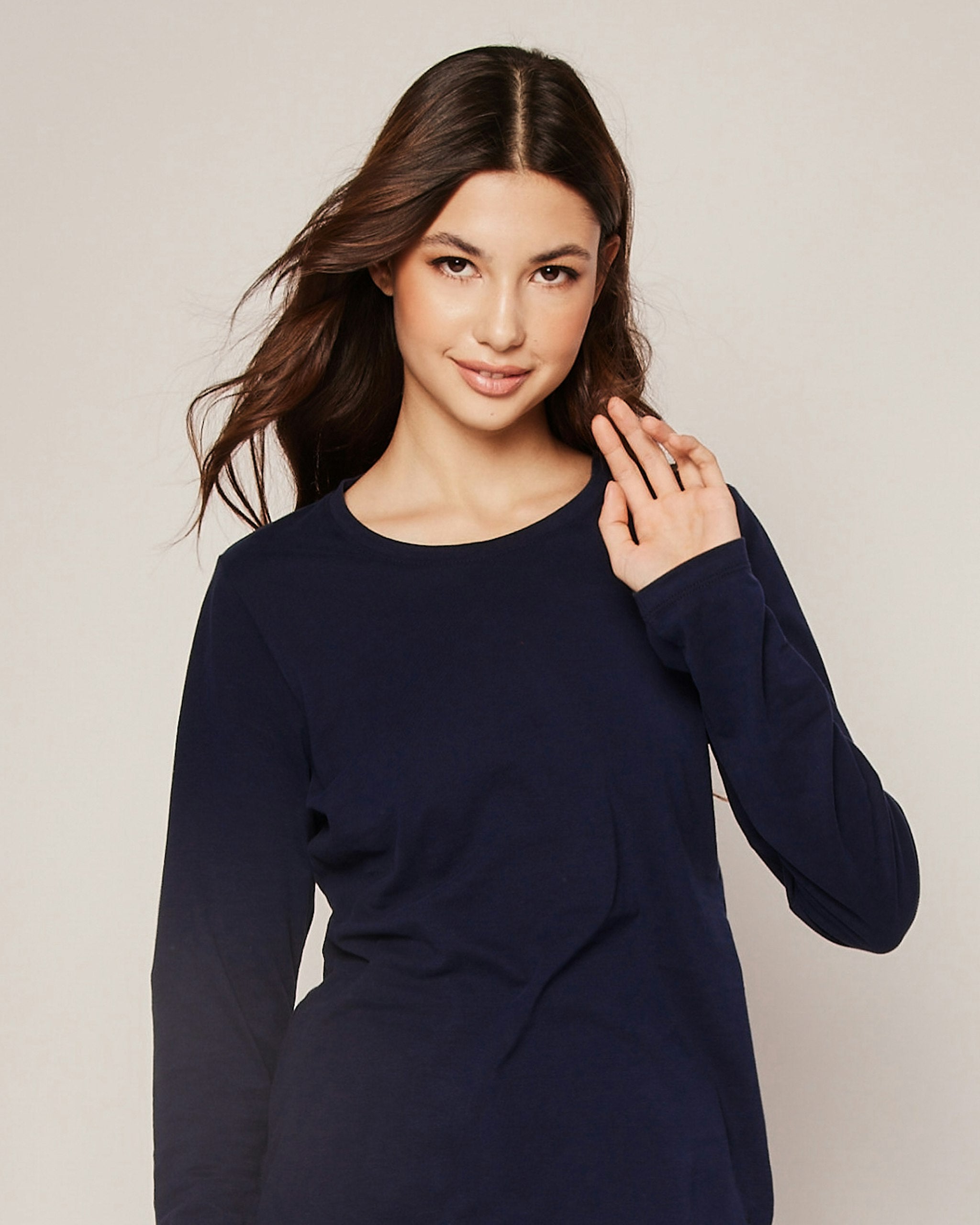 Women's Pima Long Sleeve Top in Dark Heather Grey in Navy#Color_Navy
