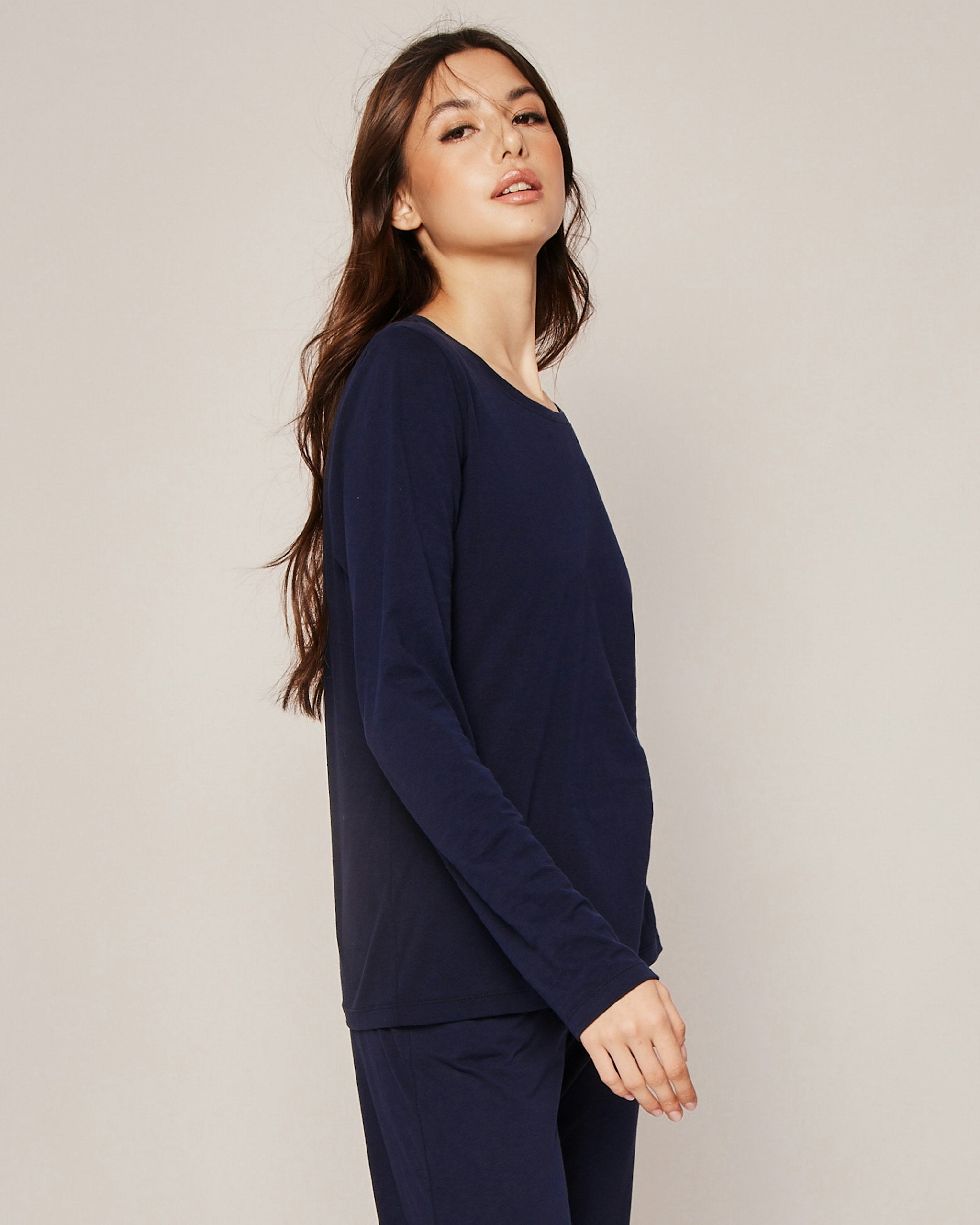 Women's Pima Long Sleeve Top in Dark Heather Grey in Navy#Color_Navy