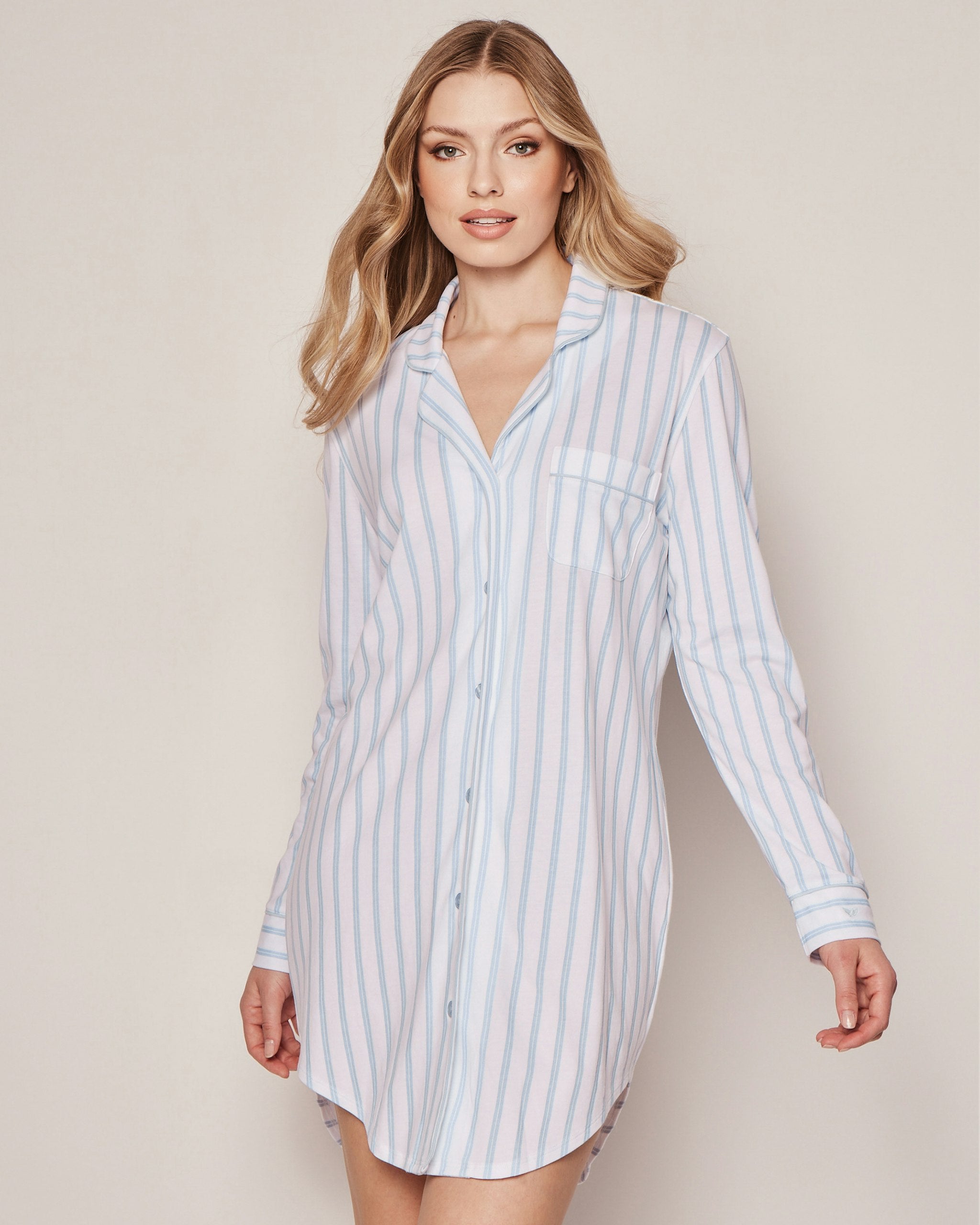 Women's Pima Nightshirt in Pink Stripe in Periwinkle and White Stripe#Color_Periwinkle and White Stripe