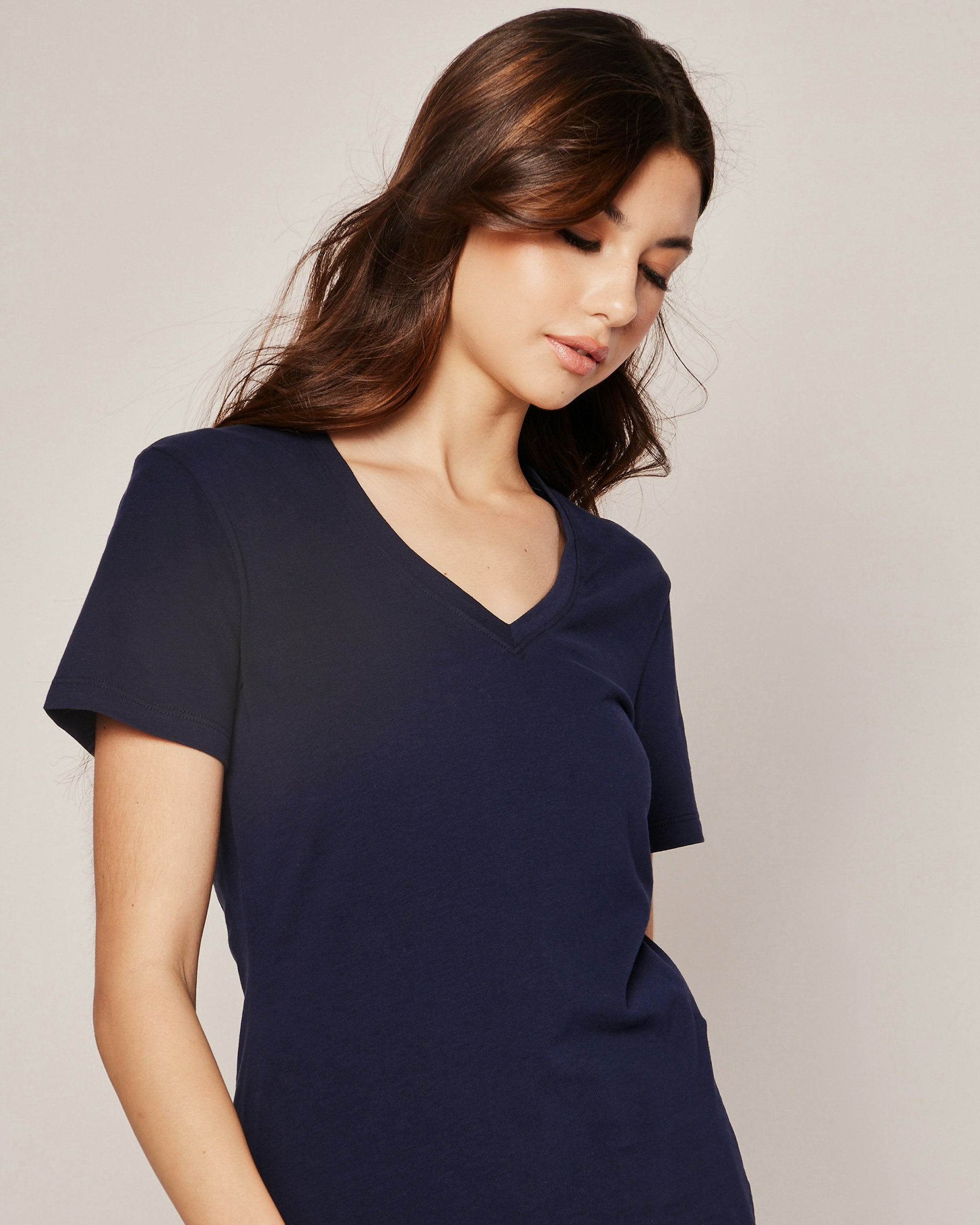 Women's Pima Short Sleeve Top in Camel in Navy#Color_Navy