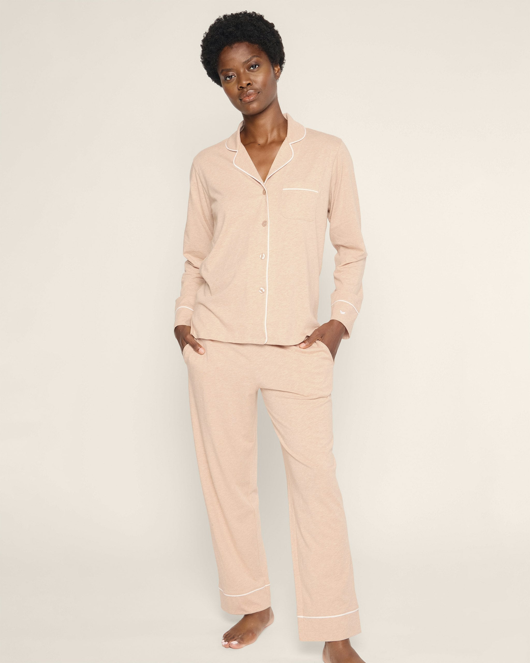 Women's Pima Pajama Set in Navy in Camel#Color_Camel
