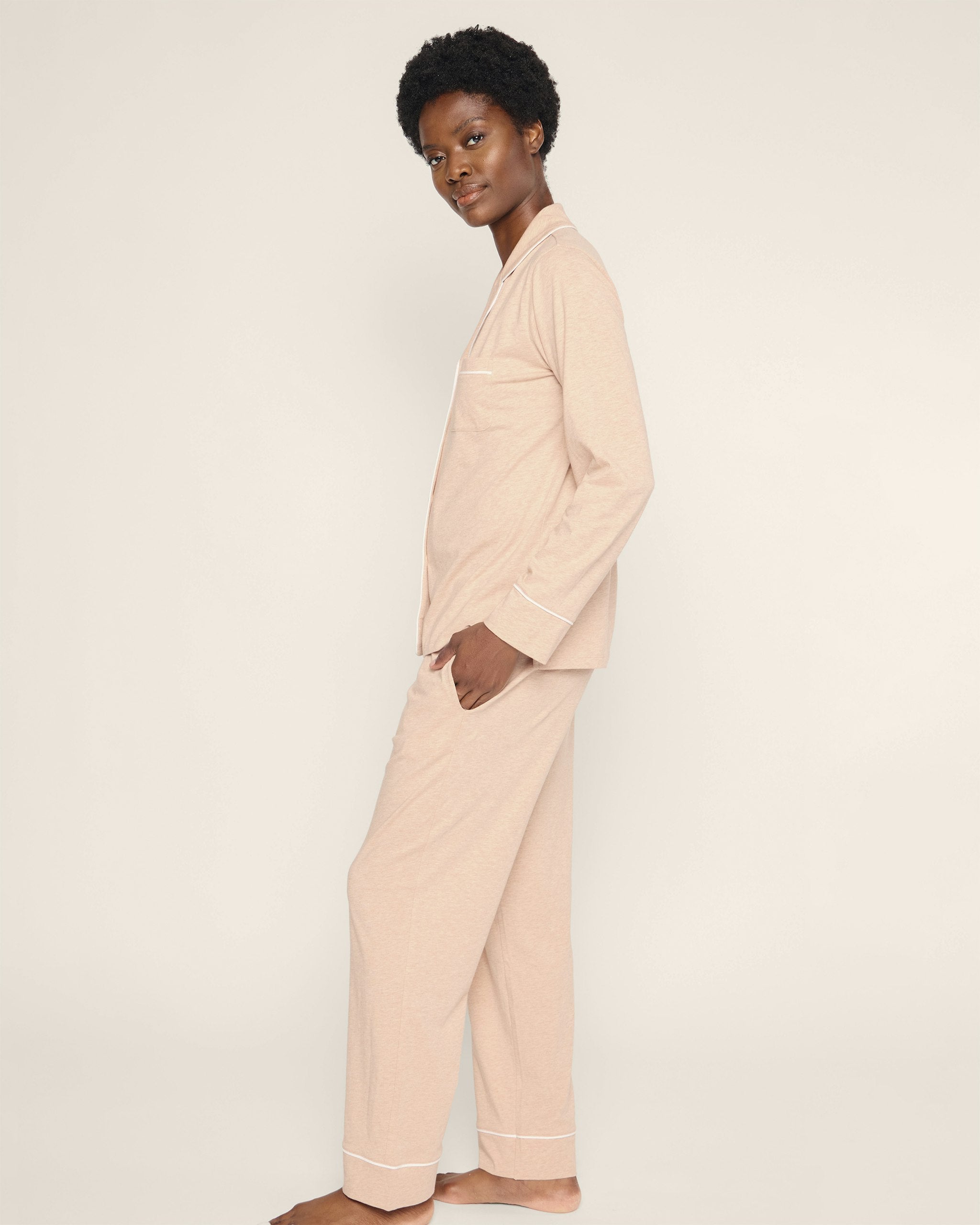 Women's Pima Pajama Set in Navy in Camel#Color_Camel