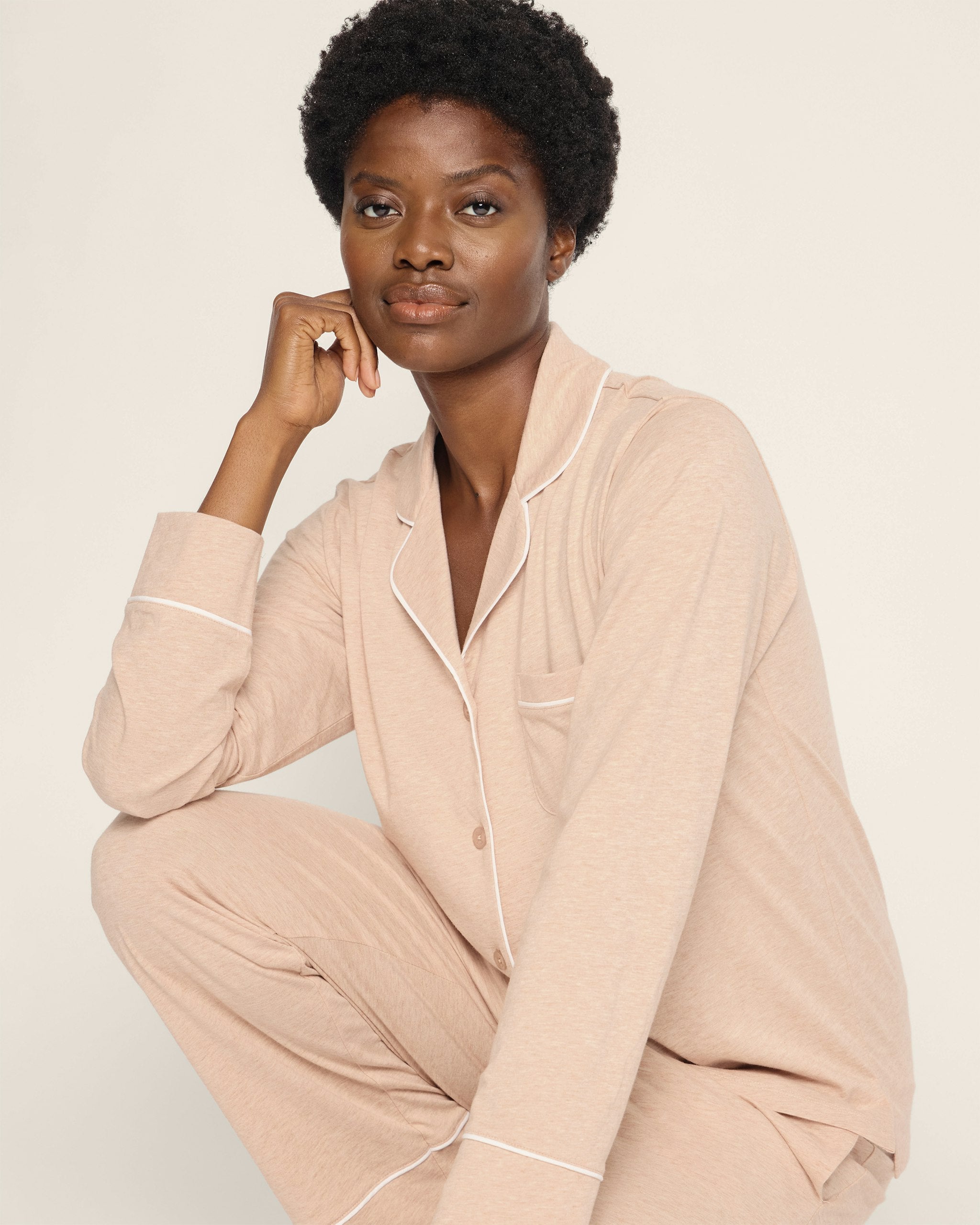 Women's Pima Pajama Set in Navy in Camel#Color_Camel
