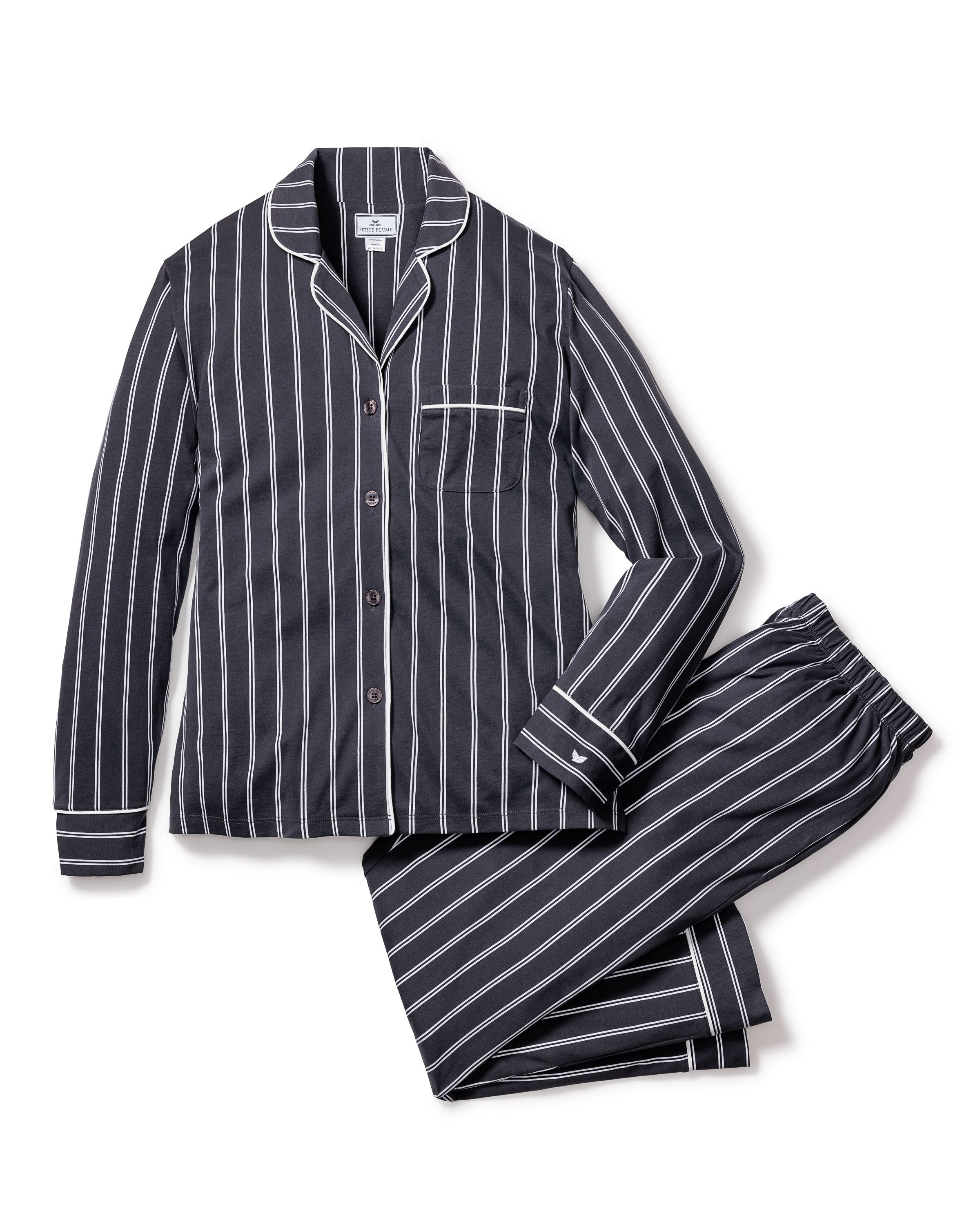 The Womens Pima Pajama Set by Petite Plume offers timeless elegance with long sleeves, a chest pocket, and front buttons on the top, plus elastic waistband pants. Made from luxurious Pima cotton in chic grey stripes for stylish sleepwear comfort.