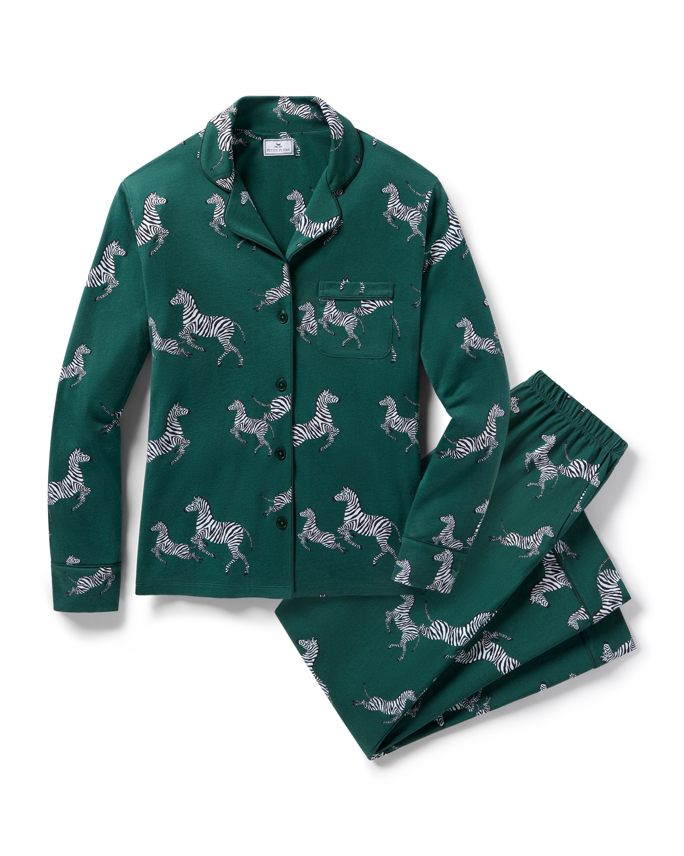 Women's Pima Pajama Set in Zèbre de Forêt: dark green set with button-up long-sleeve shirt and pants, featuring an all-over white zebra print, chest pocket, and collar.