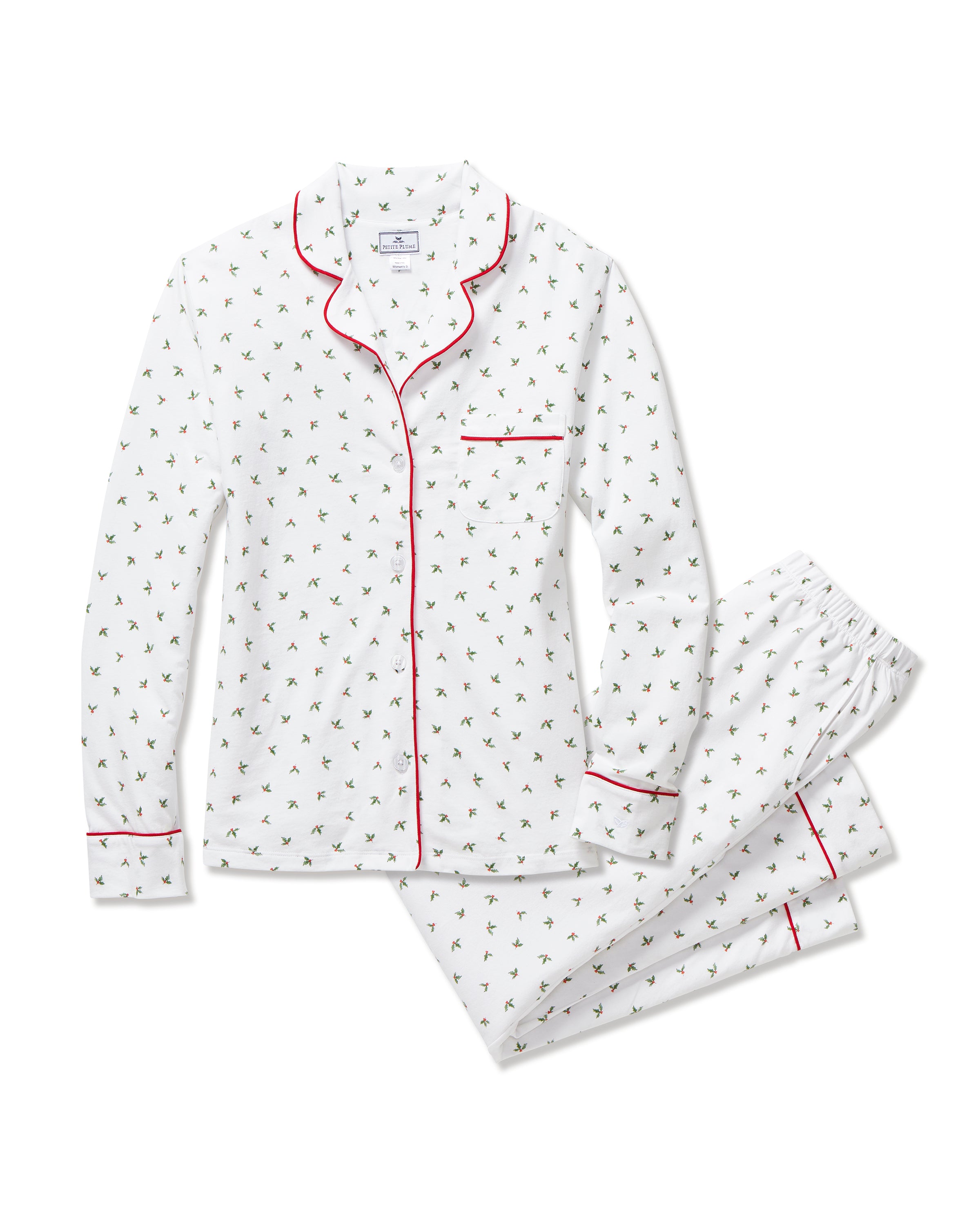 Women's Pima Pajama Set in Mistletoe Moments features small green palm tree prints, red piping, a chest pocket, and matching pants, all displayed flat on a white background.