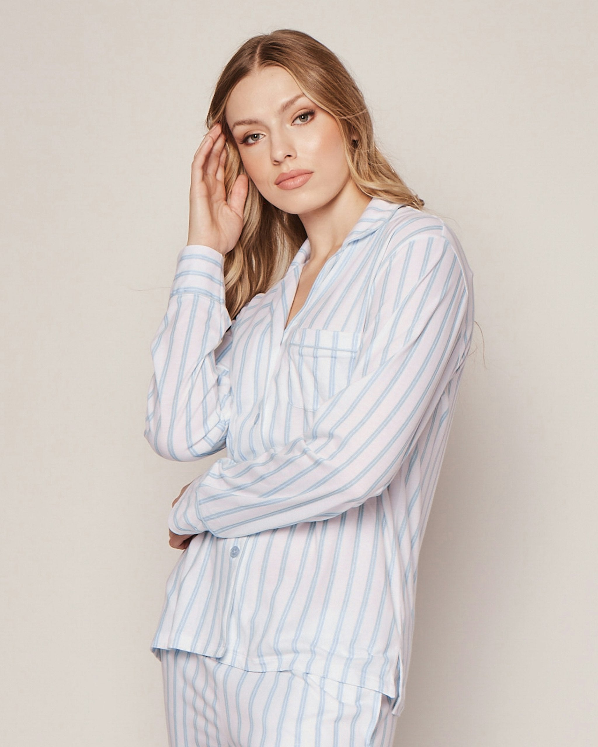 Women's Pima Pajama Set in Pink Stripe in Periwinkle and White Stripe#Color_Periwinkle and White Stripe