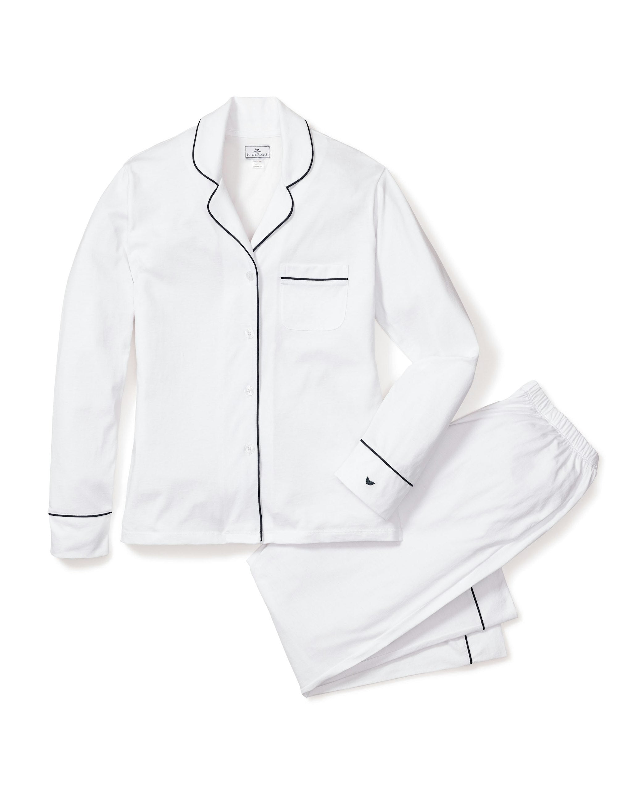 Women's Pima Pajama Set in Navy in White with Navy Piping#Color_White with Navy Piping