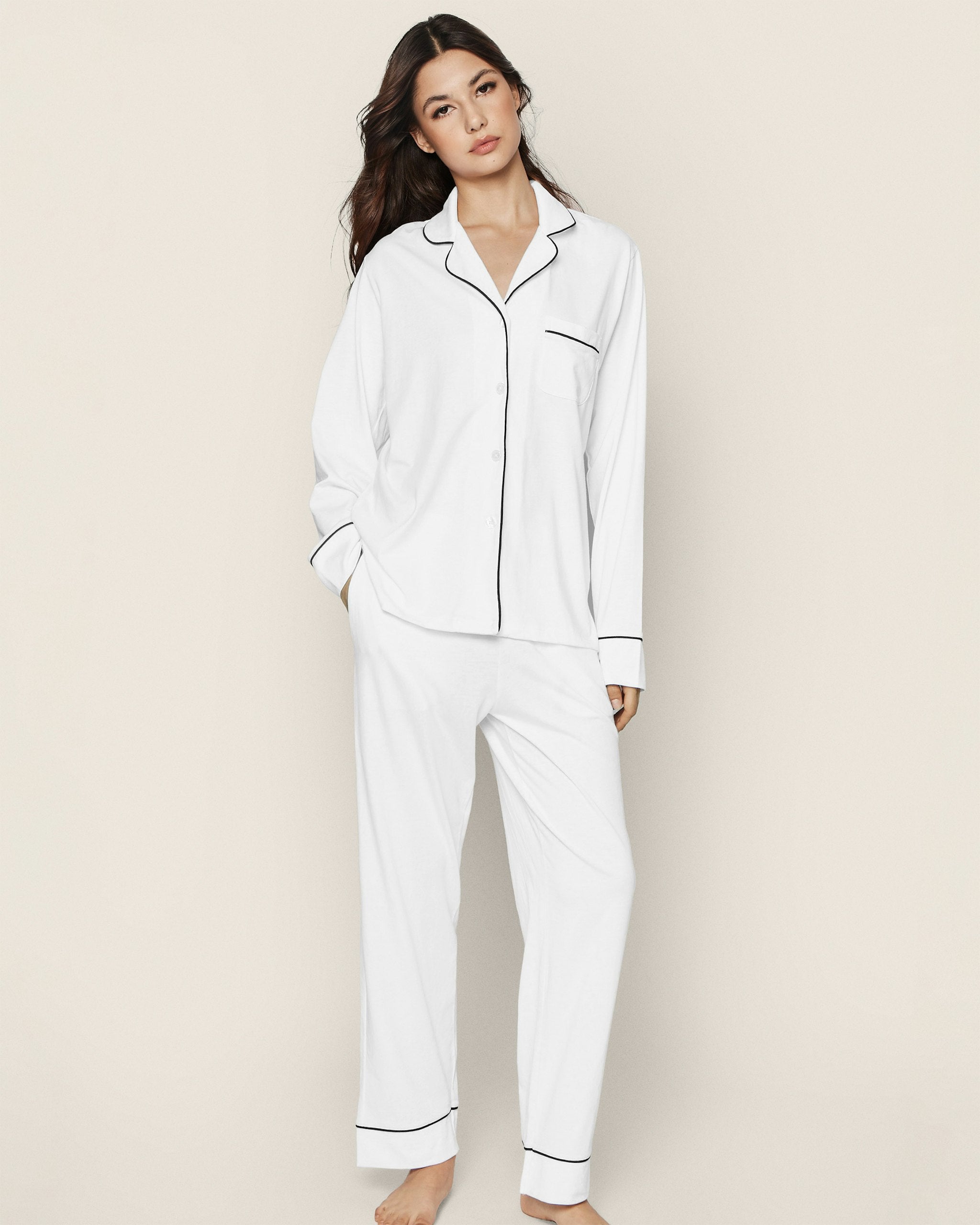 Women's Pima Pajama Set in Navy in White with Navy Piping#Color_White with Navy Piping