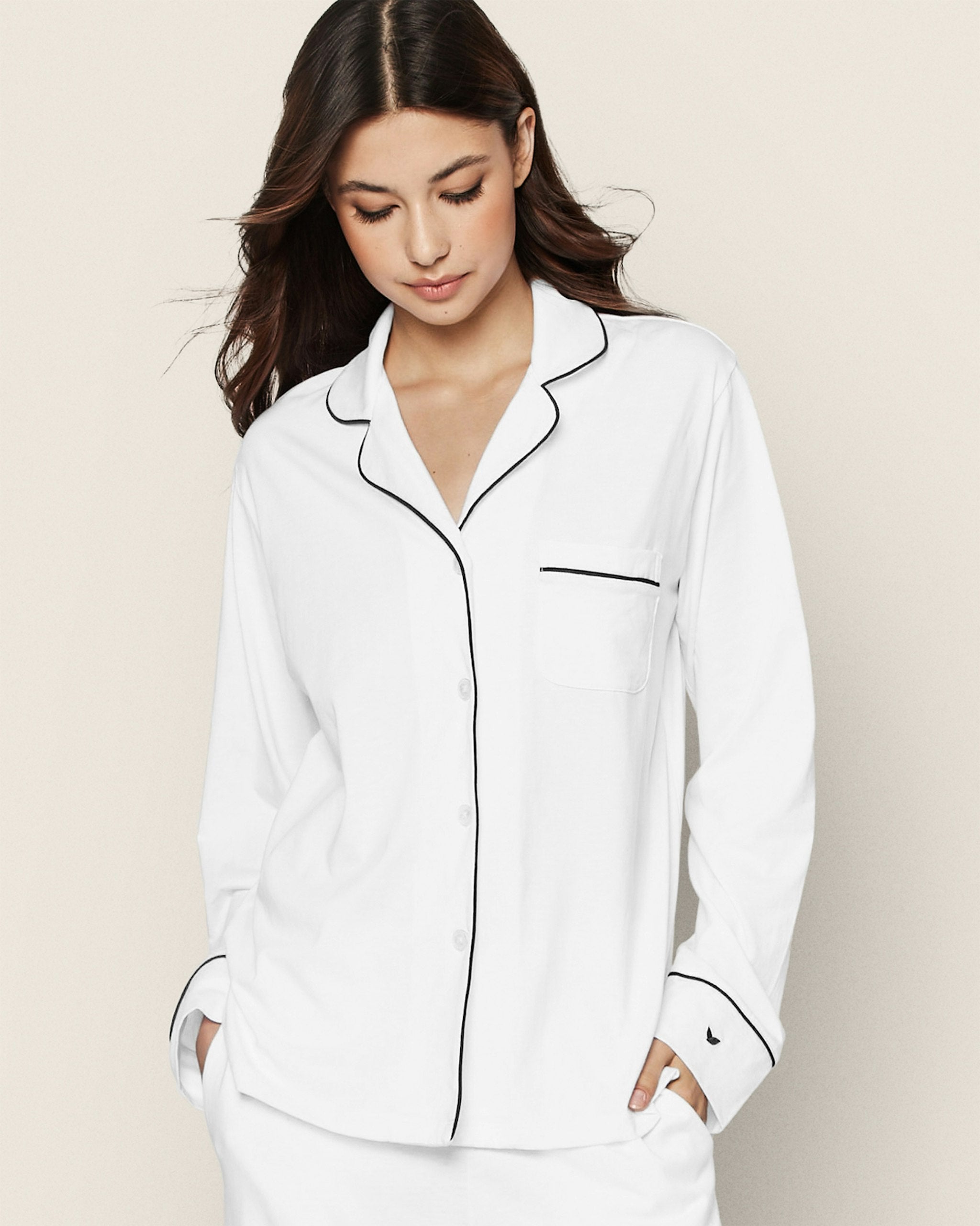 Women's Pima Pajama Set in Navy in White with Navy Piping#Color_White with Navy Piping