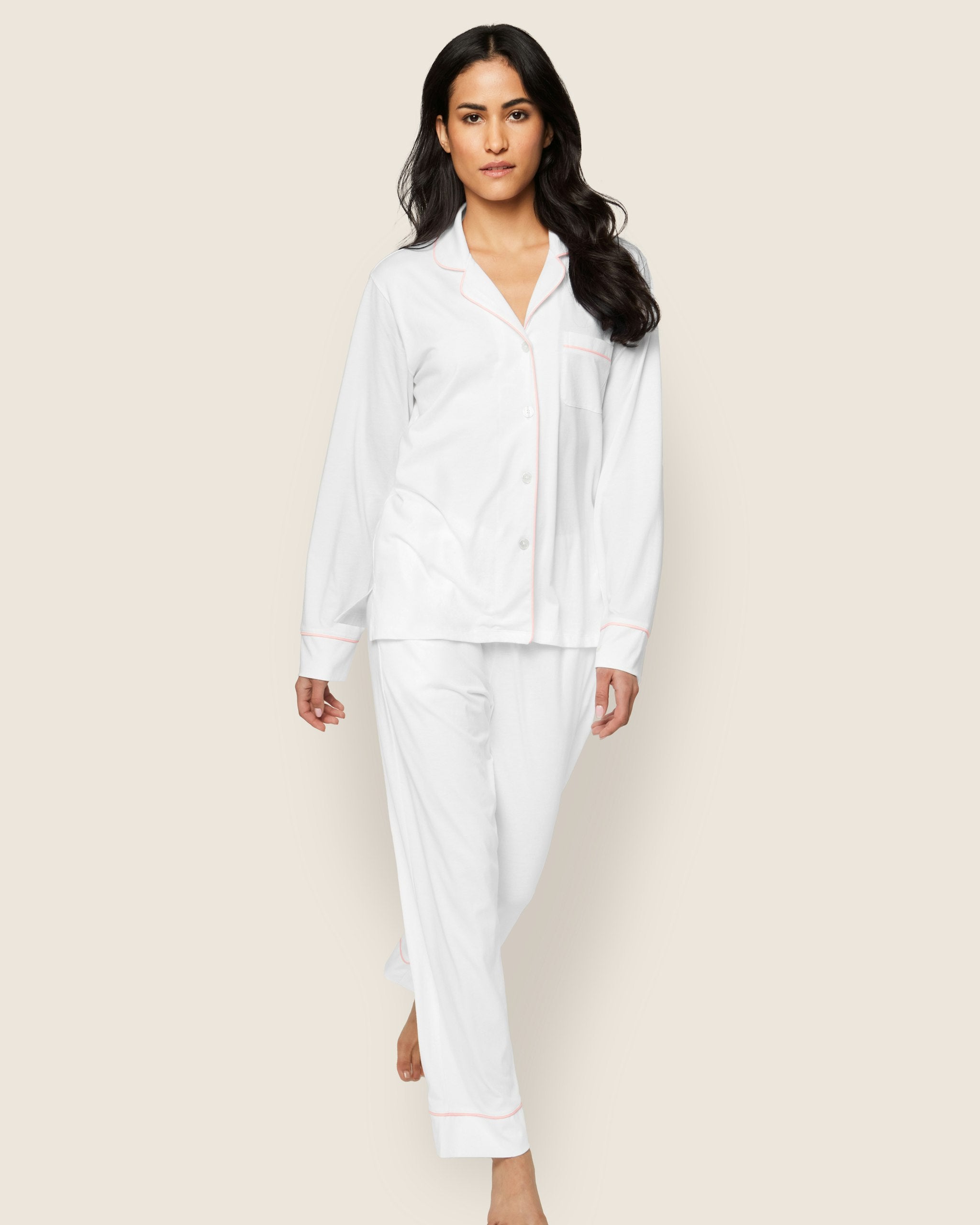 Women's Pima Pajama Set in Navy in White with Pink Piping#Color_White with Pink Piping