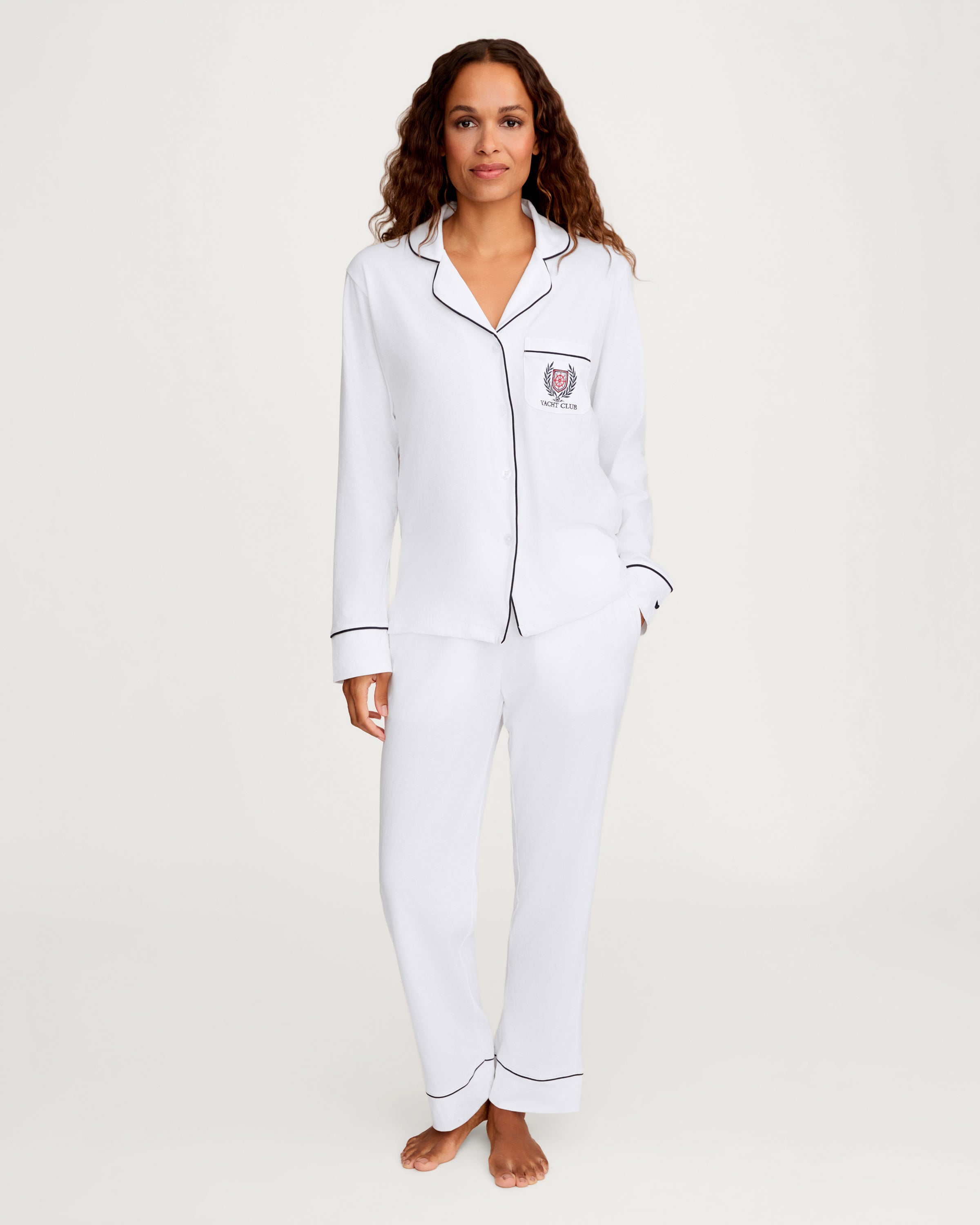 Women's Pima Pajama Set in White with Yacht Club Embroidery