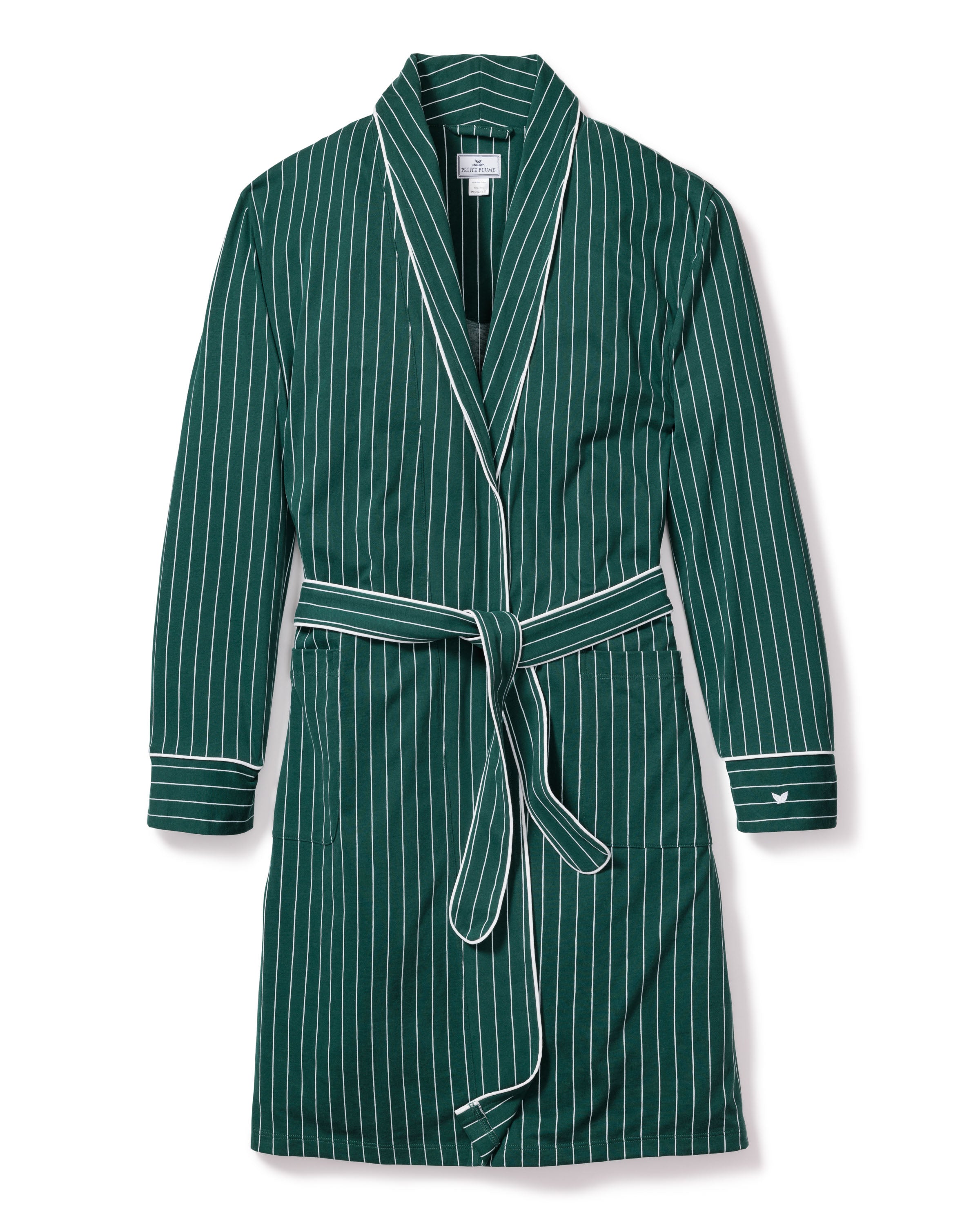 The Womens Pima Robe in Green Stripe by Petite Plume features luxurious Peruvian Pima Cotton with white vertical pinstripes, a shawl collar, and a matching fabric belt. Accentuated by white piping on the cuffs and edges, this robe offers a refined look ideal for a classic holiday aesthetic.