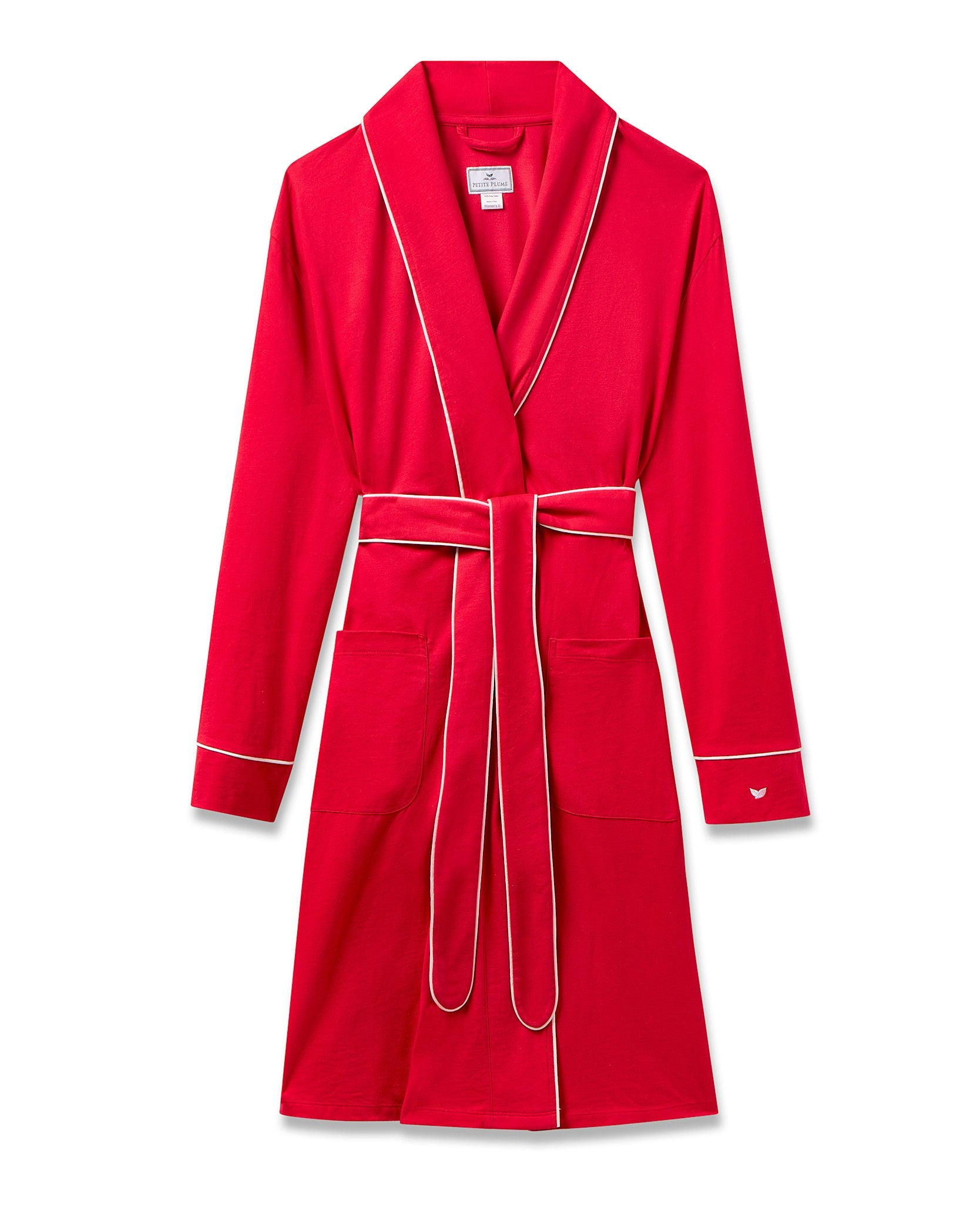 The Womens Pima Maternity Robe in Red by Petite Plume is made from luxurious Peruvian Pima cotton with white piping. It features a shawl collar, waist tie, and two front pockets, shown on a white background.