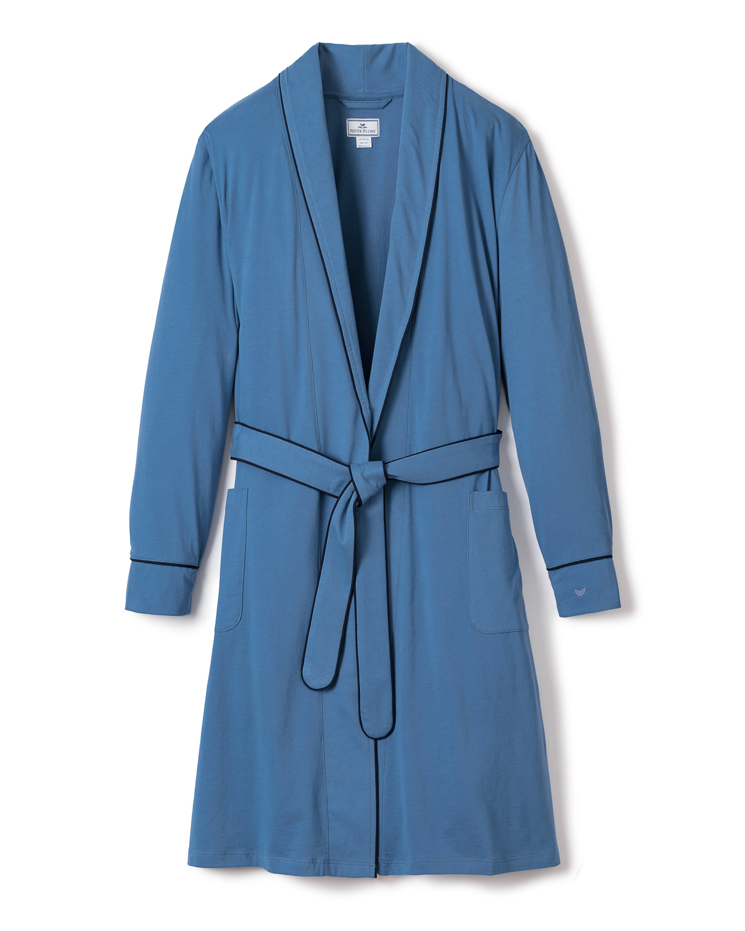 The Womens Pima Robe in Mystique Blue by Petite Plume features a shawl collar, long sleeves, waist belt, and two front pockets. Made from soft, lightweight Pima cotton, it embodies luxury sleepwear at its finest.