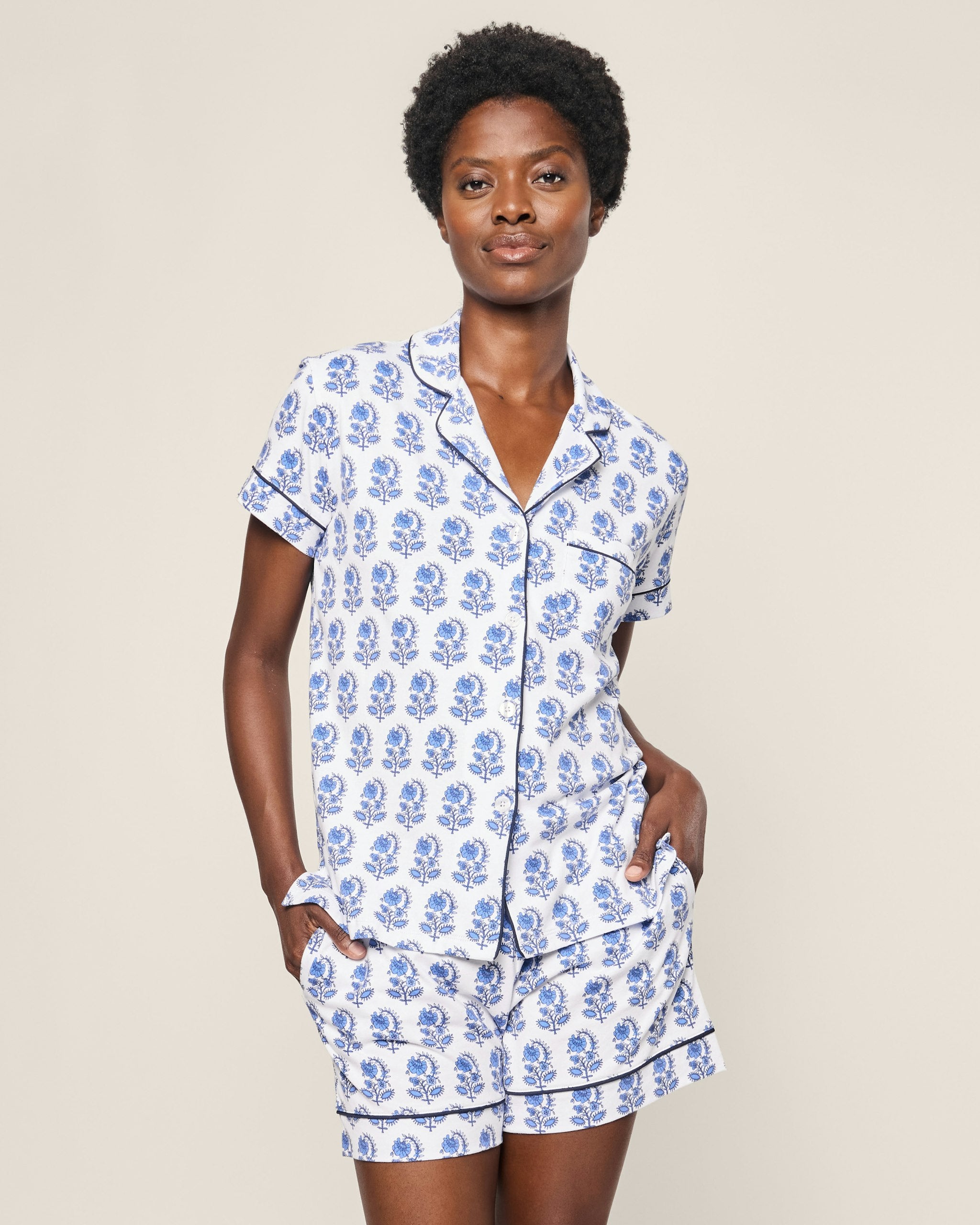 Women's Pima Short Sleeve Short Set in Cherry Orchard in Bristol Bay#Color_Bristol Bay