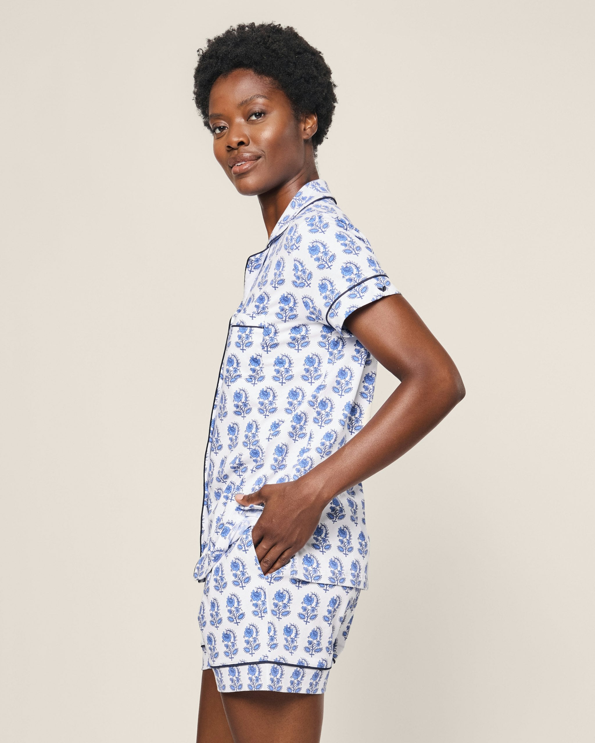 Women's Pima Short Sleeve Short Set in Cherry Orchard in Bristol Bay#Color_Bristol Bay