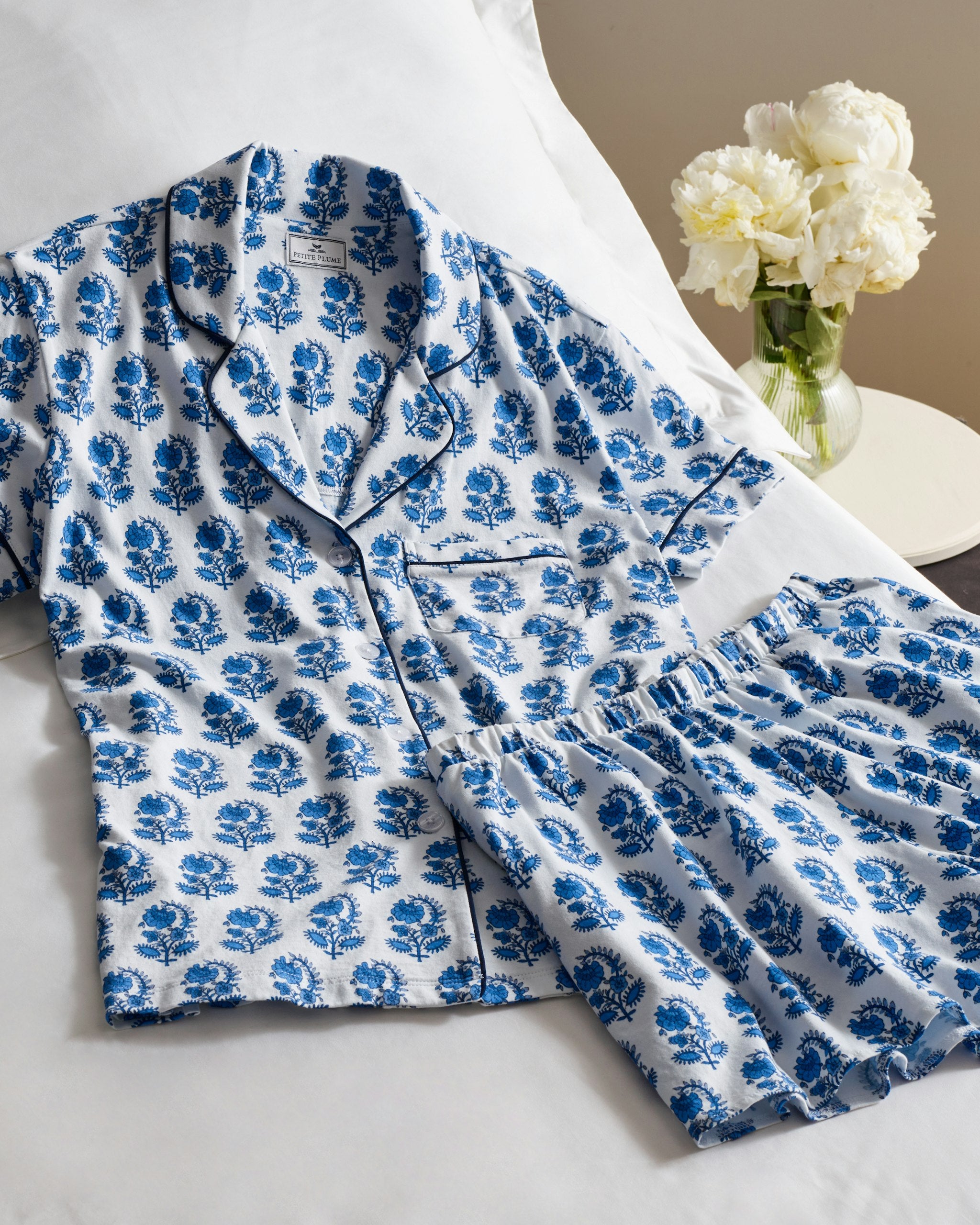 Women's Pima Short Sleeve Short Set in Cherry Orchard in Bristol Bay#Color_Bristol Bay