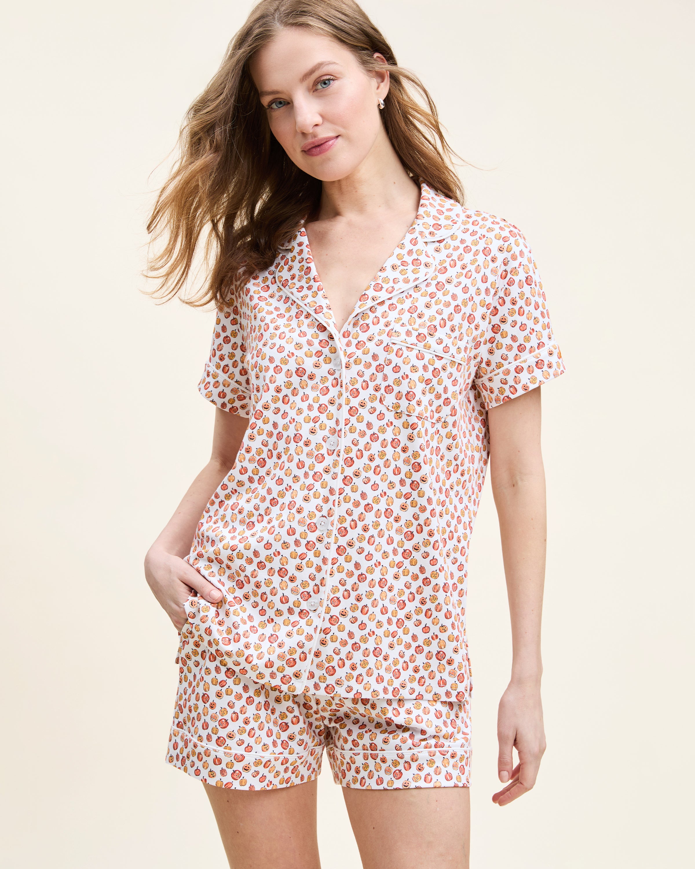Women's Pima Short Sleeve Short Set in Pumpkin Patch