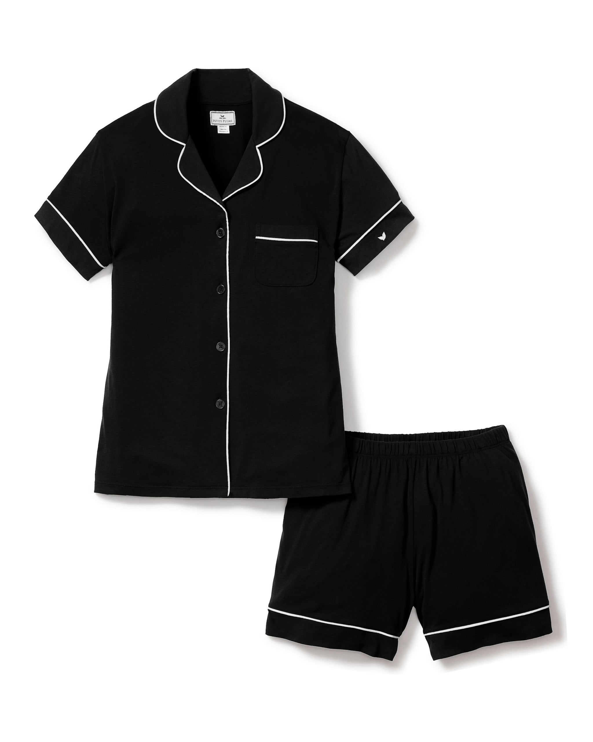 Women's Pima Short Sleeve Short Set in White with Navy Piping in Black#Color_Black