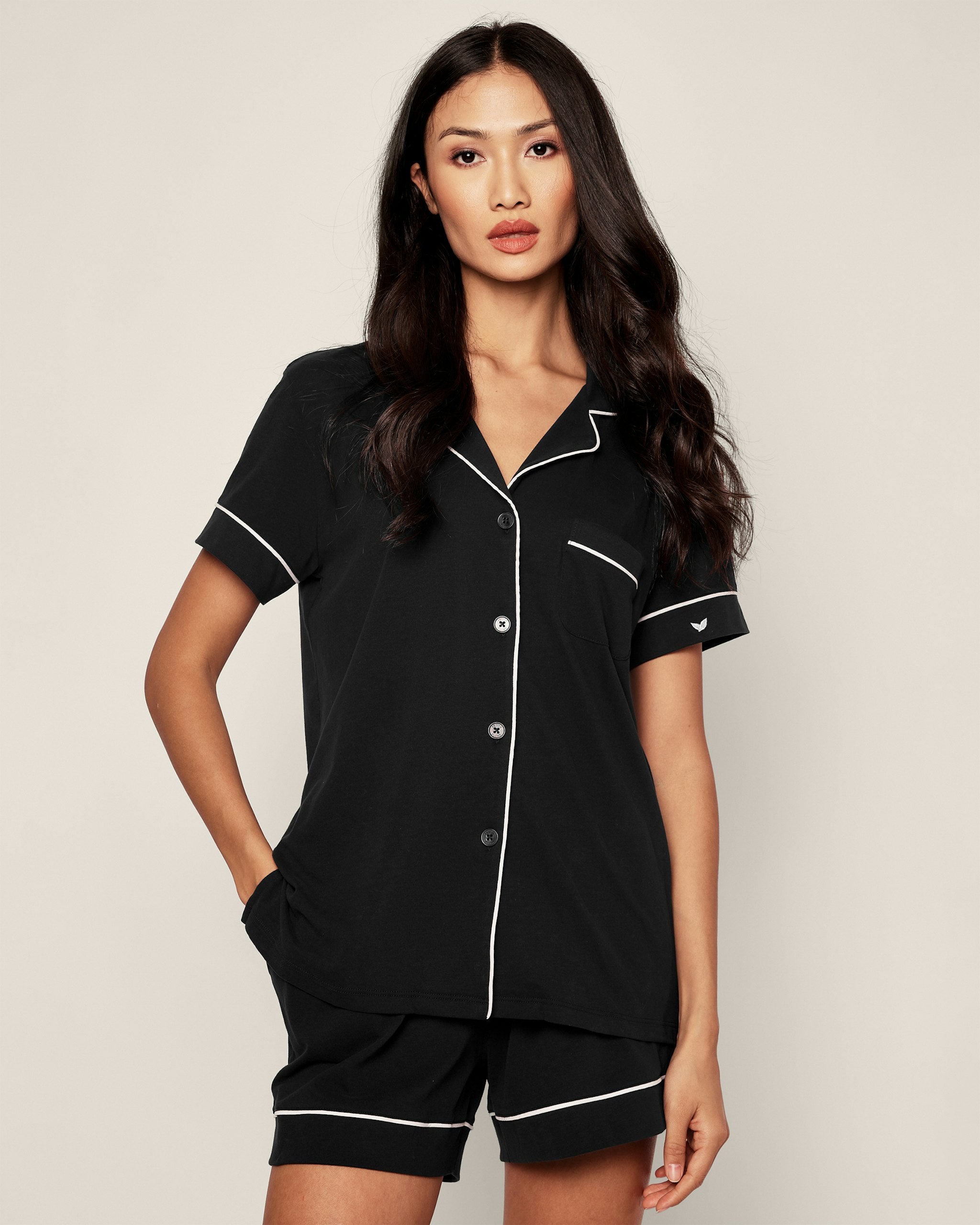 Women's Pima Short Sleeve Short Set in White with Navy Piping in Black#Color_Black