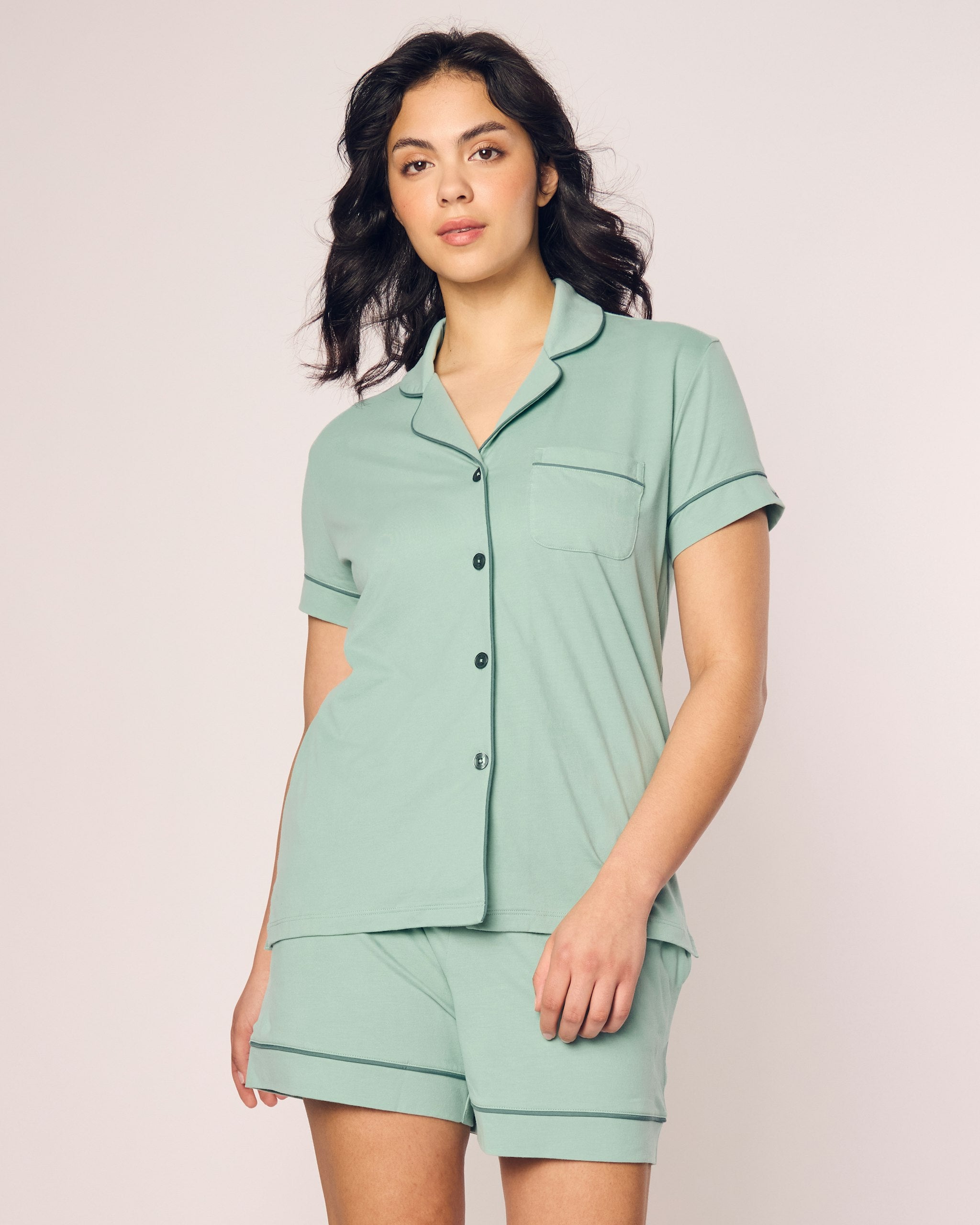 Women's Pima Short Sleeve Short Set in Peach Fuzz in Seaglass#Color_Seaglass