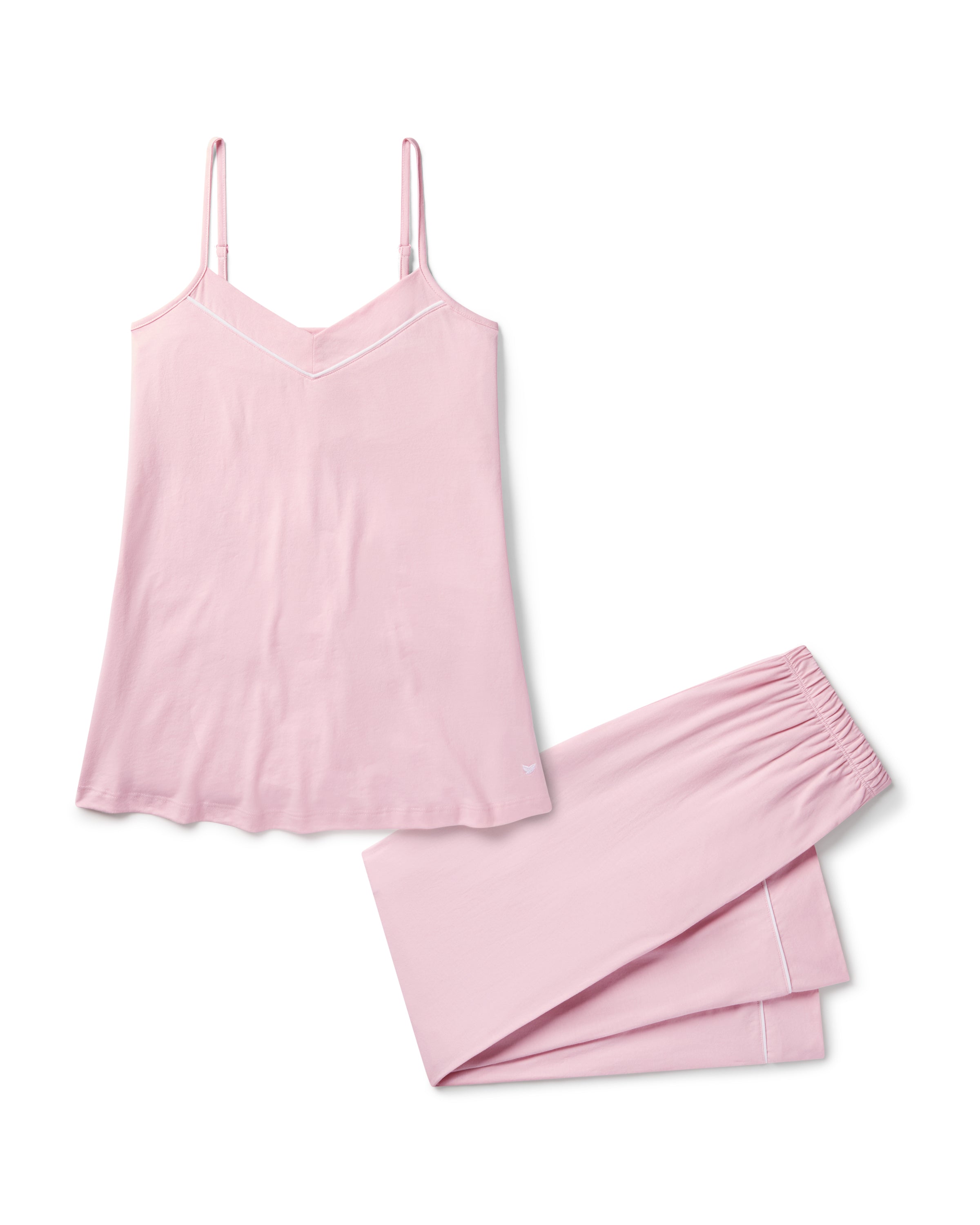 The Women's Pima Sylvie Pajama Set in Pink includes a sleeveless V-neck camisole with thin straps and matching elastic-waist pants, both accented with subtle white stitching.