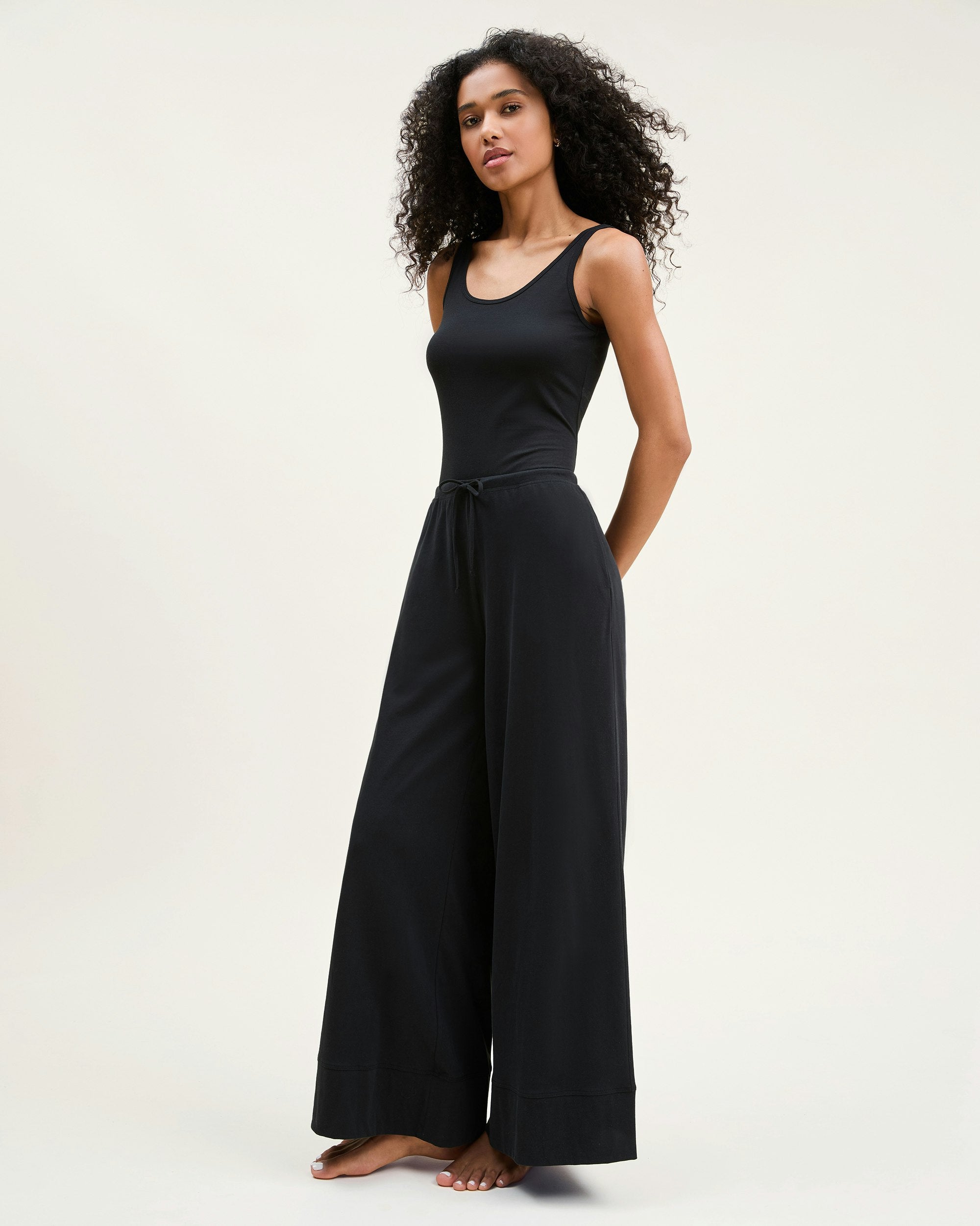 Women's Pima Wide-Leg Lounge Pant in Camel in Black#Color_Black