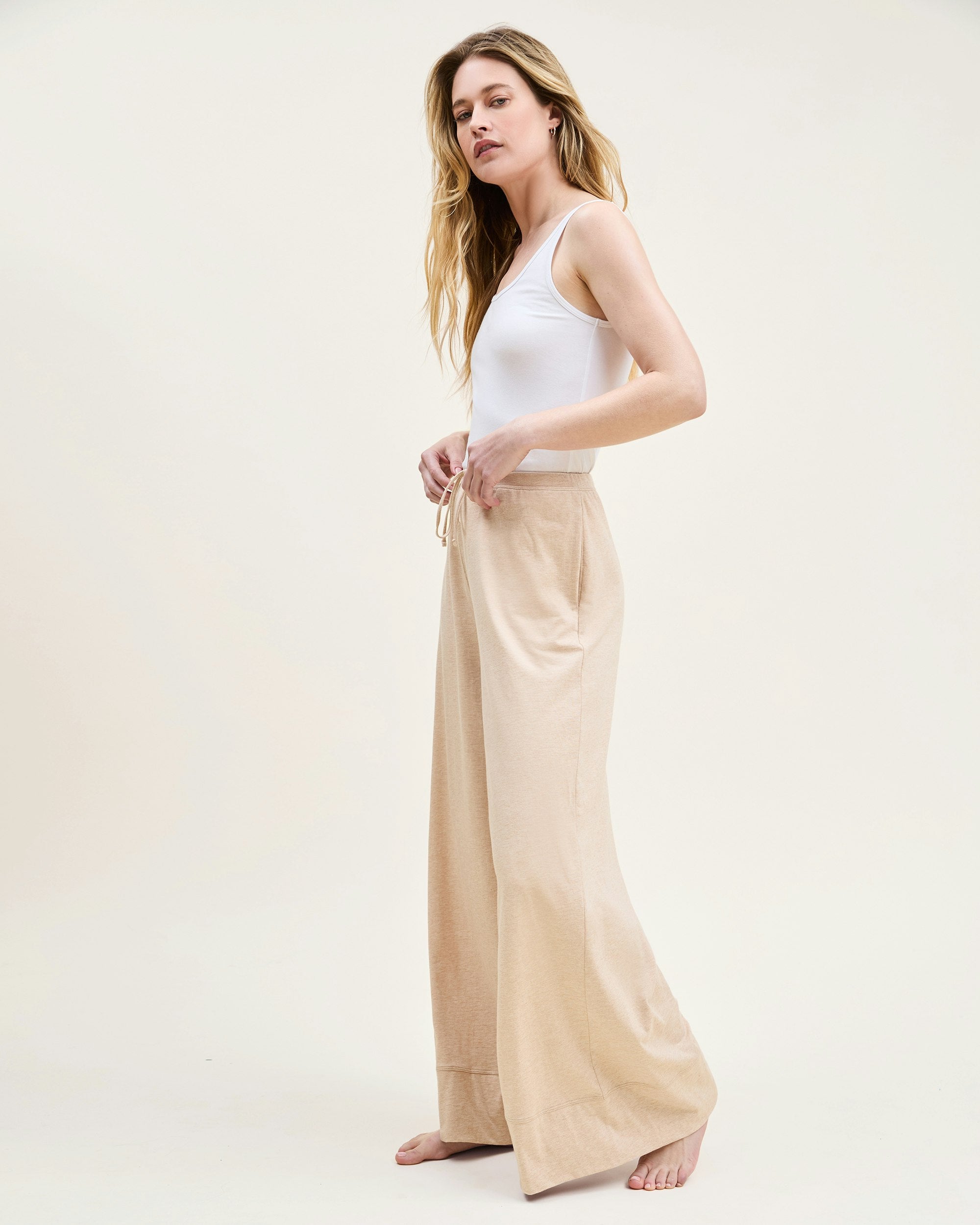 Women's Pima Wide-Leg Lounge Pant in Navy in Camel#Color_Camel