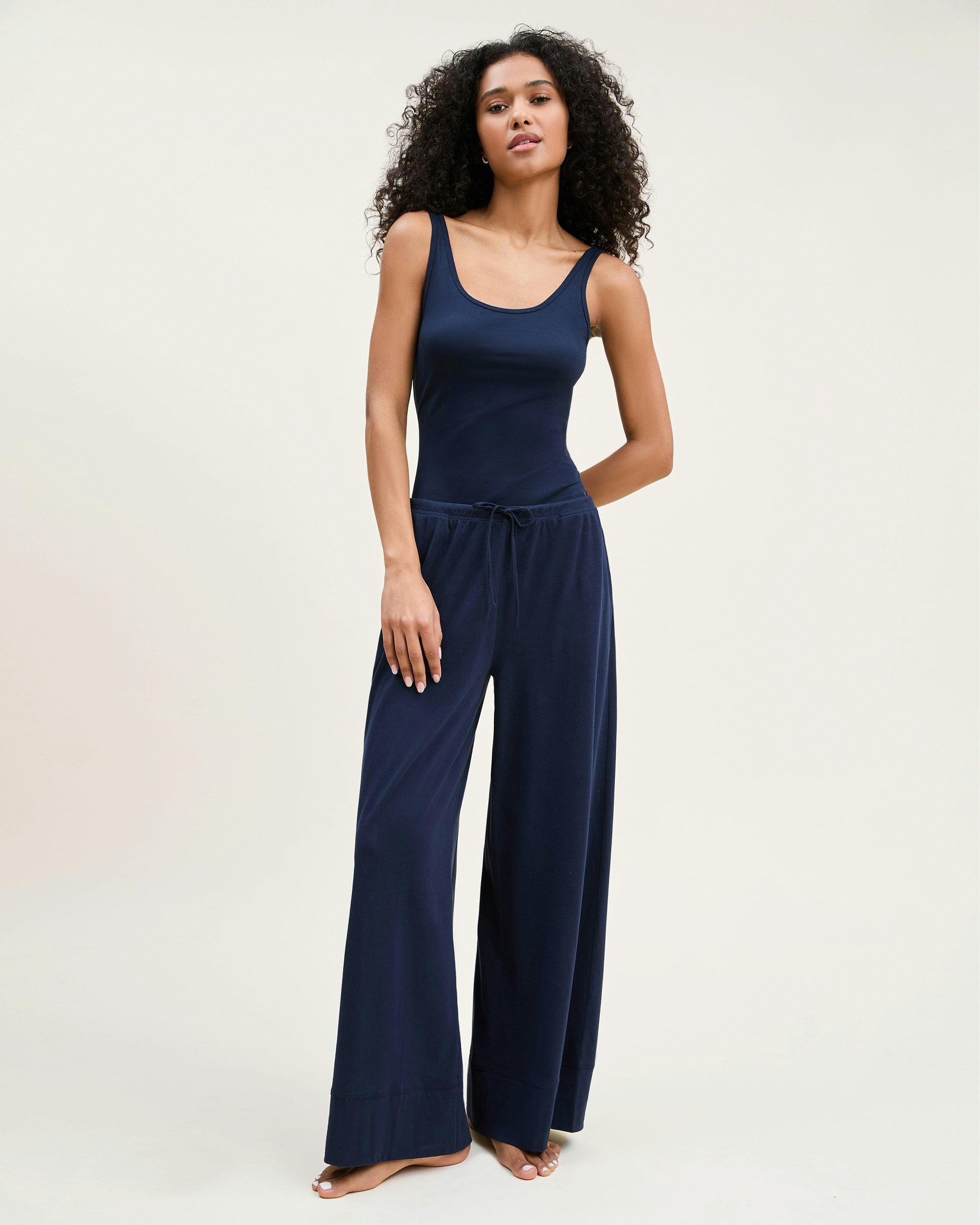 Women's Pima Wide-Leg Lounge Pant in Camel in Navy#Color_Navy