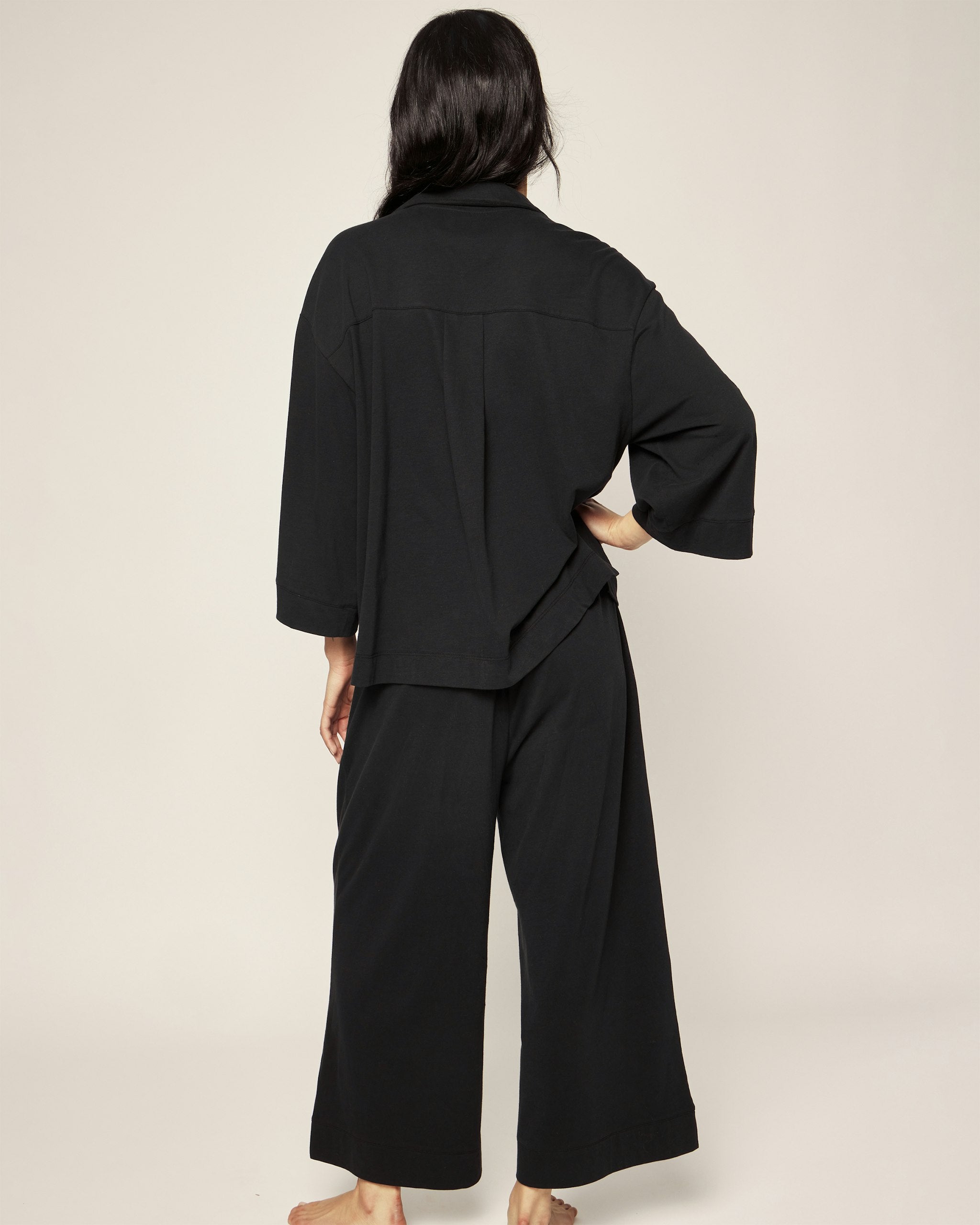 The Olivia Wide Leg Pima Pajama Set in Pink Stripe in Black#Color_Black
