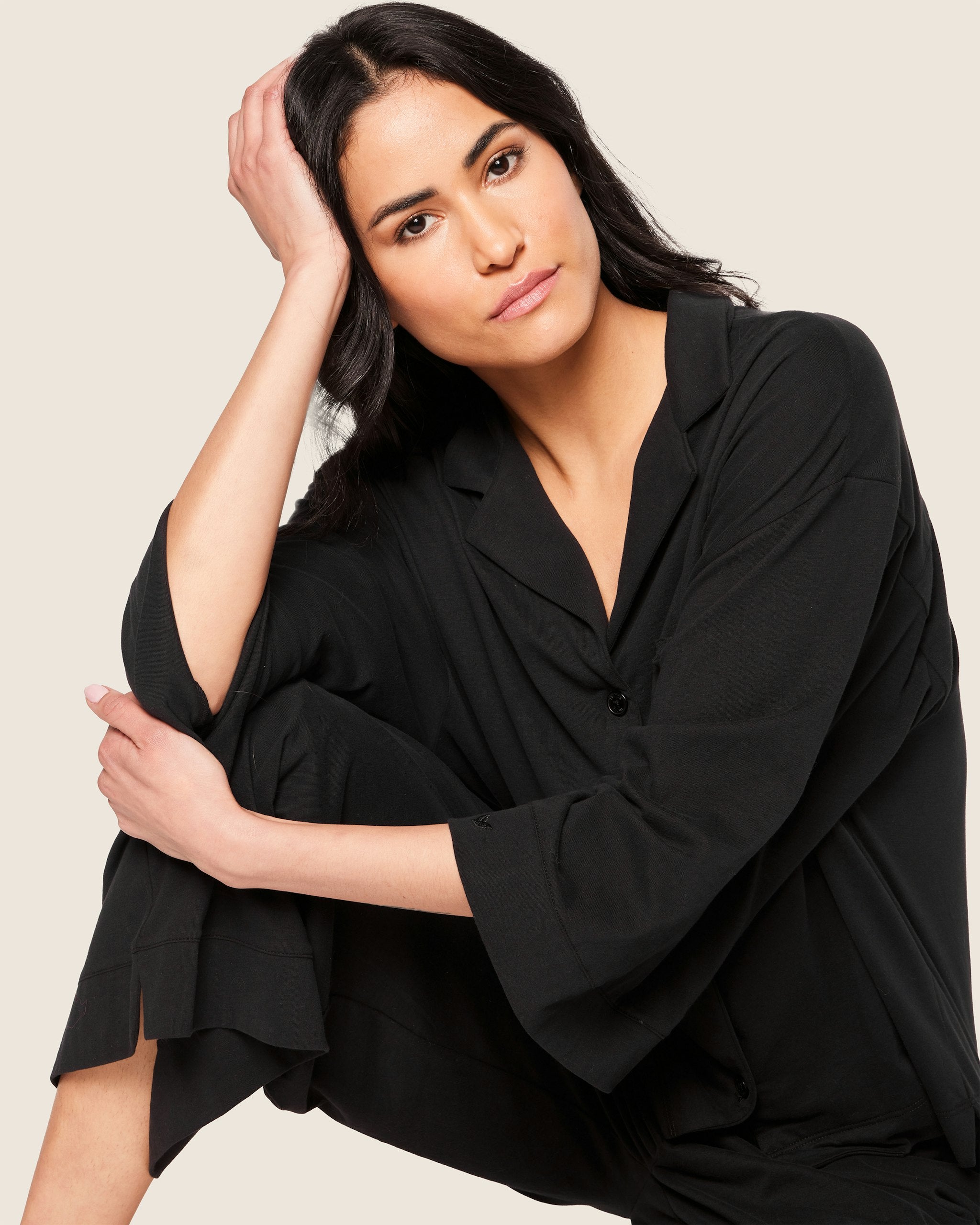 The Olivia Wide Leg Pima Pajama Set in Pink Stripe in Black#Color_Black