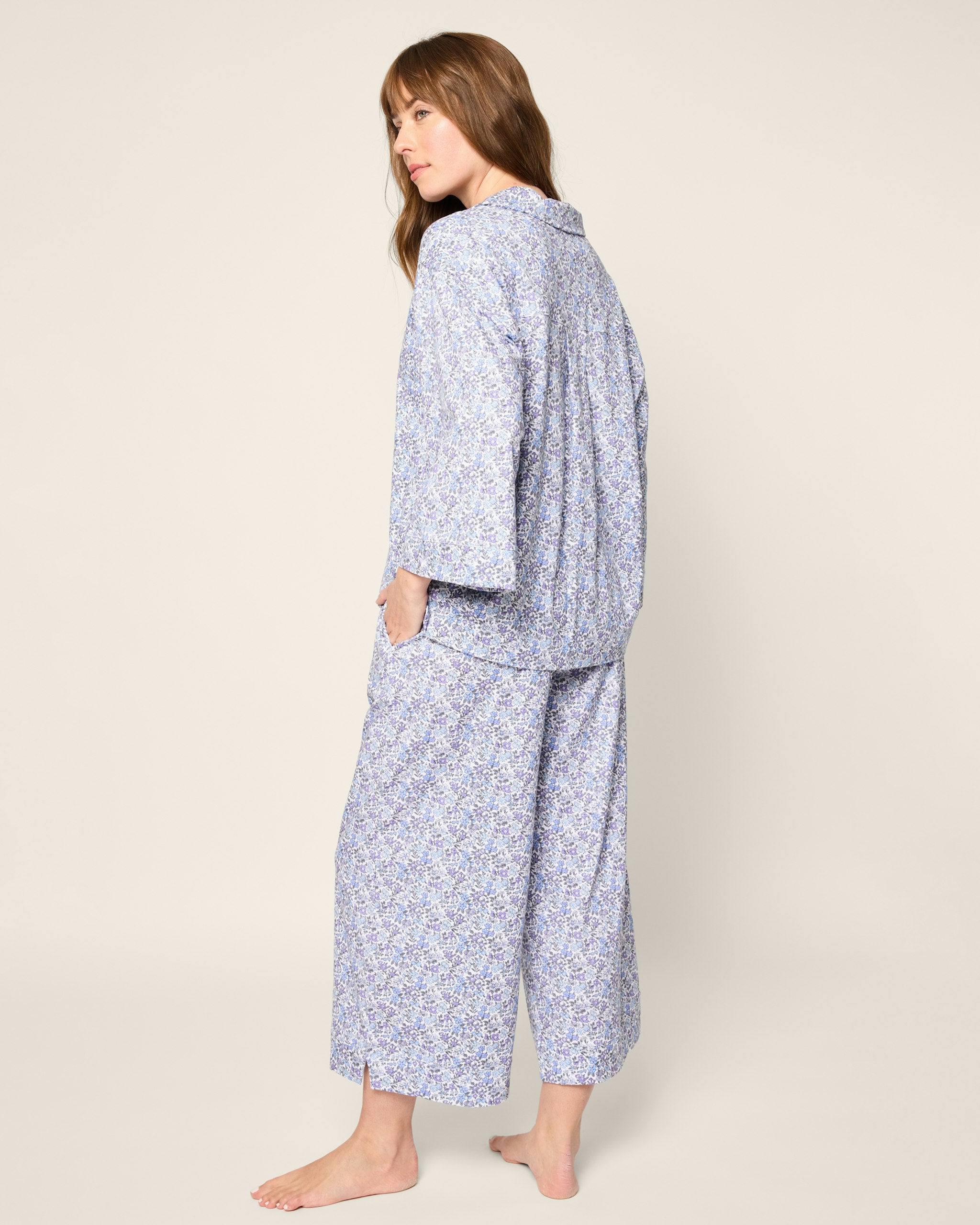 The Olivia Wide Leg Pima Pajama Set in Pink Stripe in Fleur D'Azur#Color_Fleur D'Azur