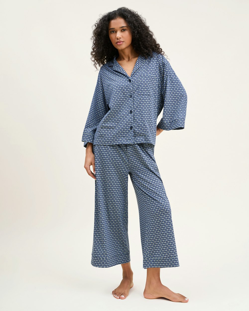 The Olivia Wide Leg Pima Pajama Set in White in Midnight Foulard#Color_Midnight Foulard