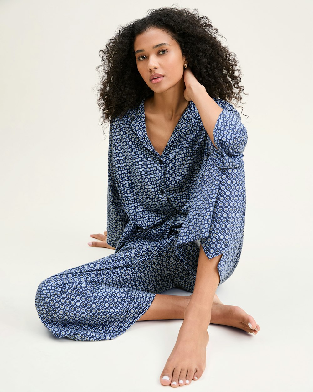 The Olivia Wide Leg Pima Pajama Set in White in Midnight Foulard#Color_Midnight Foulard