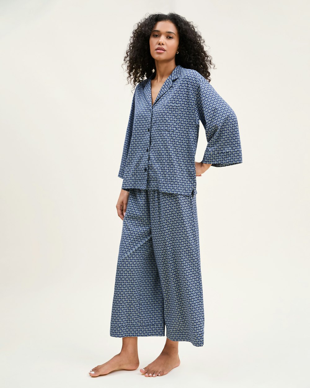 The Olivia Wide Leg Pima Pajama Set in White in Midnight Foulard#Color_Midnight Foulard