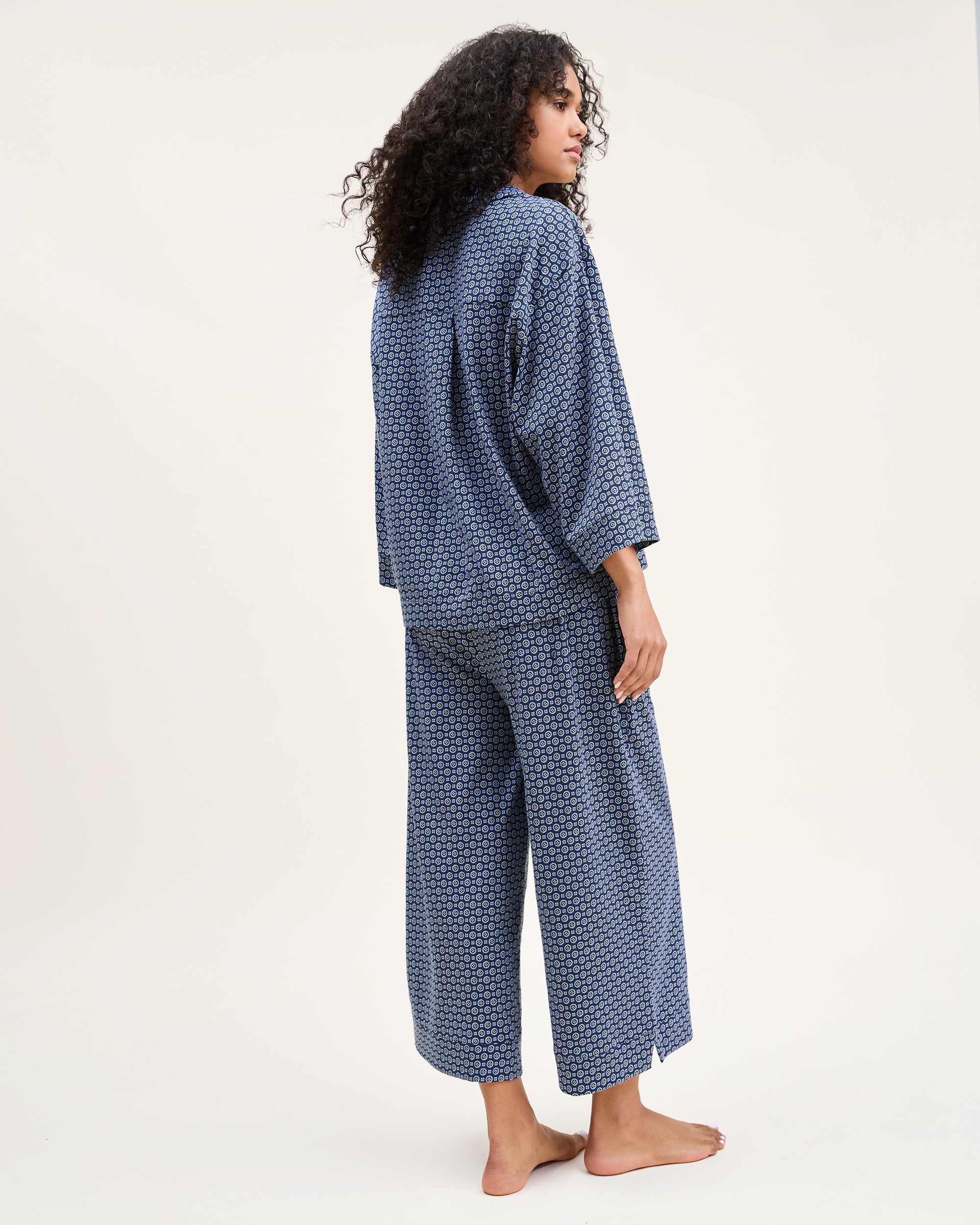 The Olivia Wide Leg Pima Pajama Set in Midnight Foulard