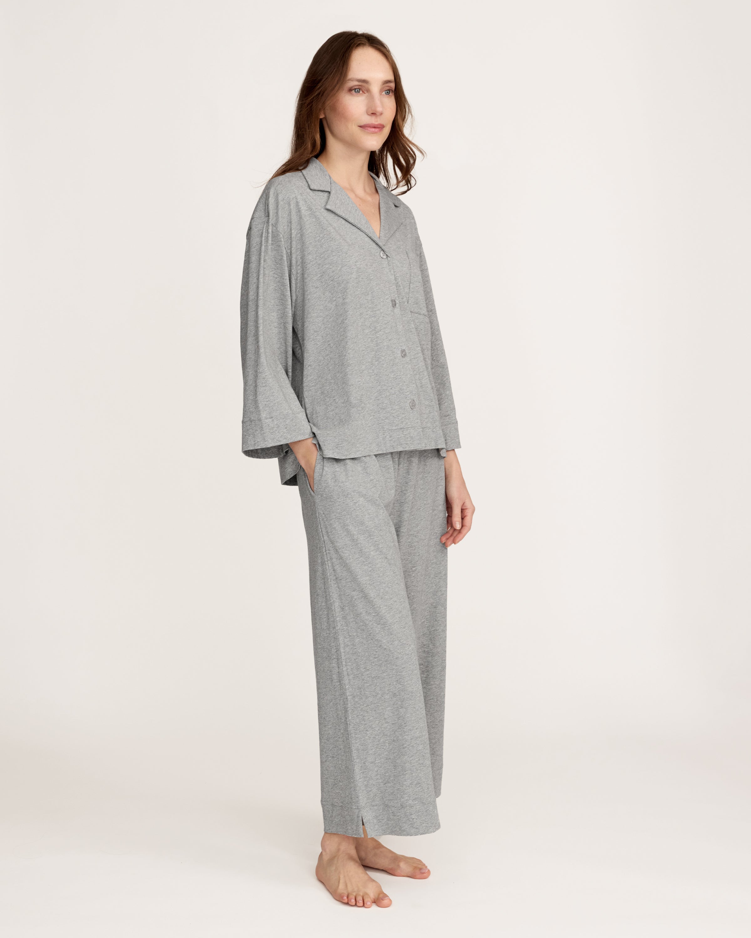 The Olivia Wide Leg Lightweight Pima Pajama Set in Heather Grey