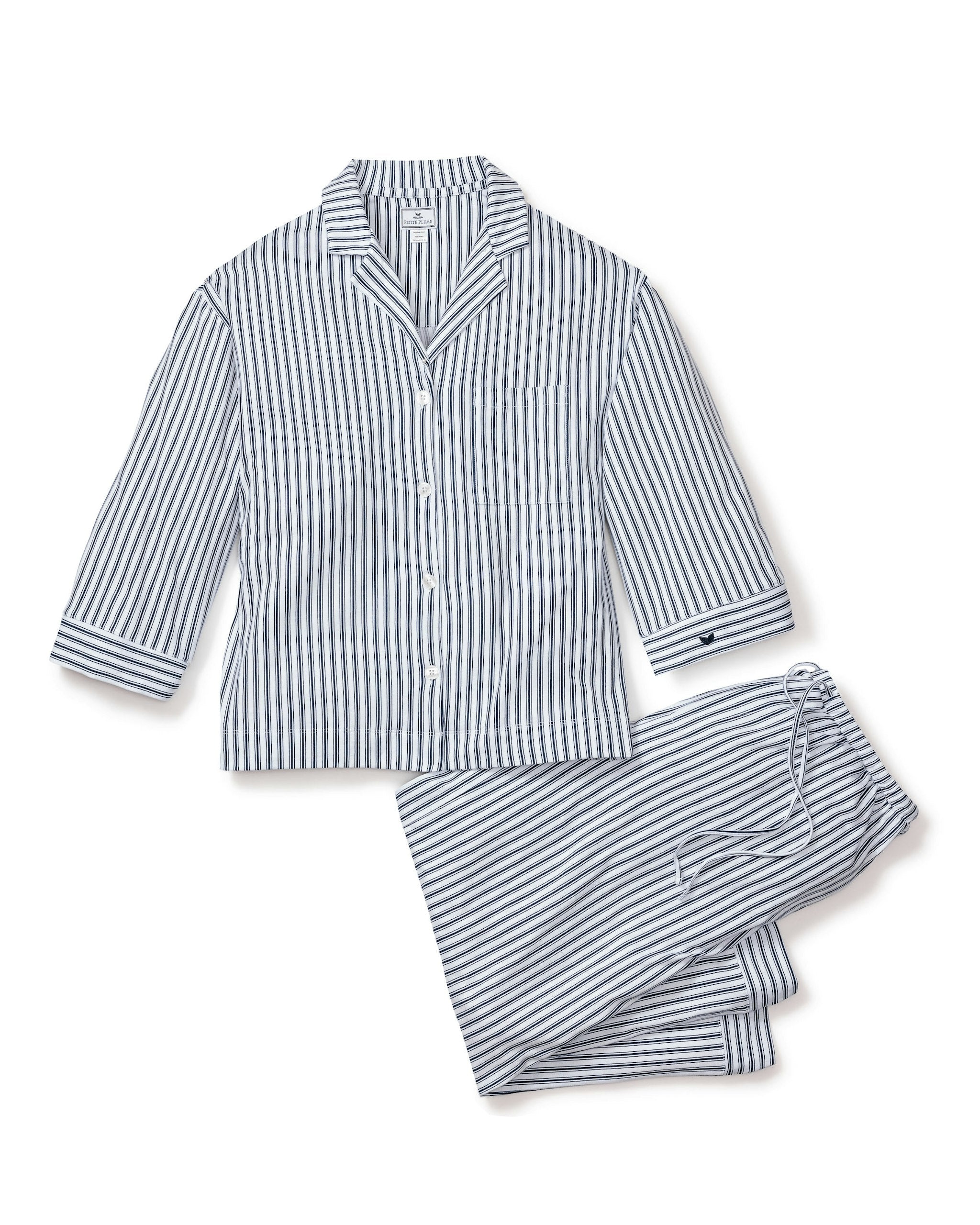 The Olivia Wide Leg Pima Pajama Set in Pink Stripe in Navy French Ticking#Color_Navy French Ticking