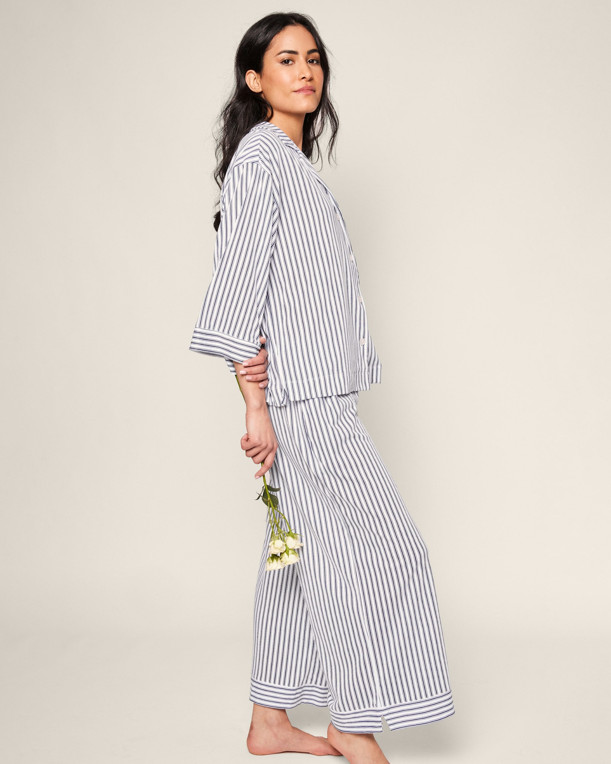 The Olivia Wide Leg Pima Pajama Set in Pink Stripe in Navy French Ticking#Color_Navy French Ticking