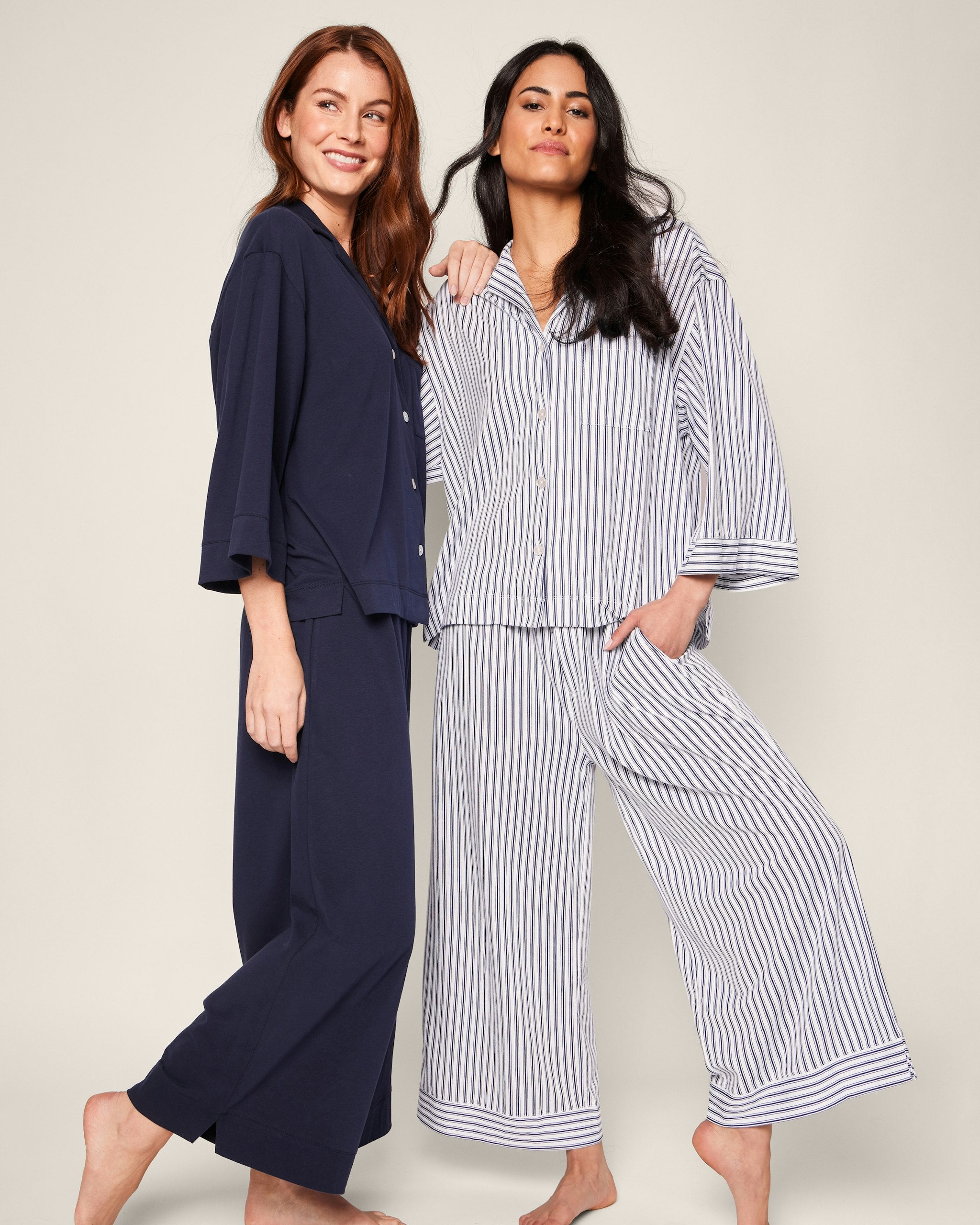 The Olivia Wide Leg Pima Pajama Set in Pink Stripe in Navy French Ticking#Color_Navy French Ticking