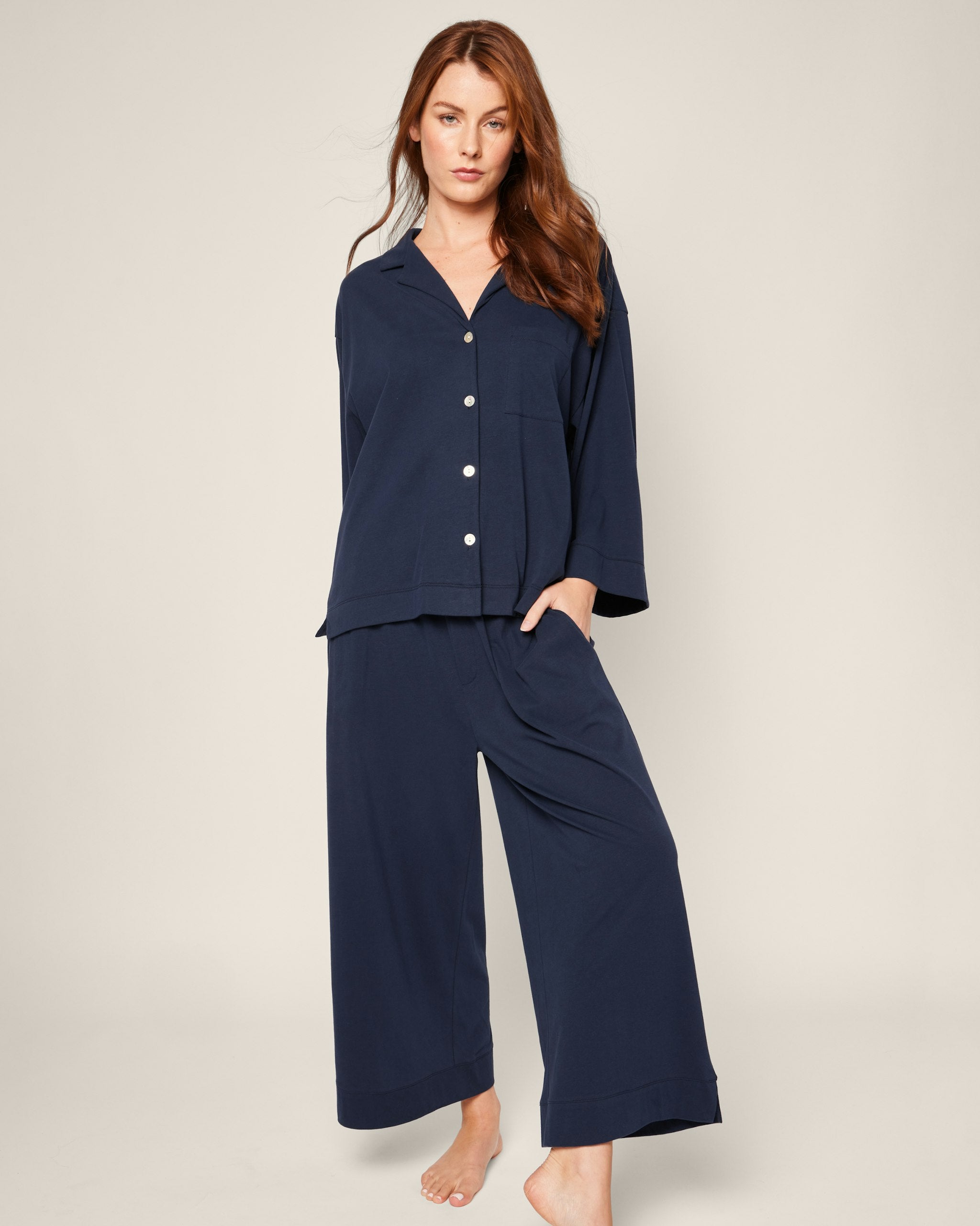 The Olivia Wide Leg Pima Pajama Set in Pink Stripe in Navy#Color_Navy